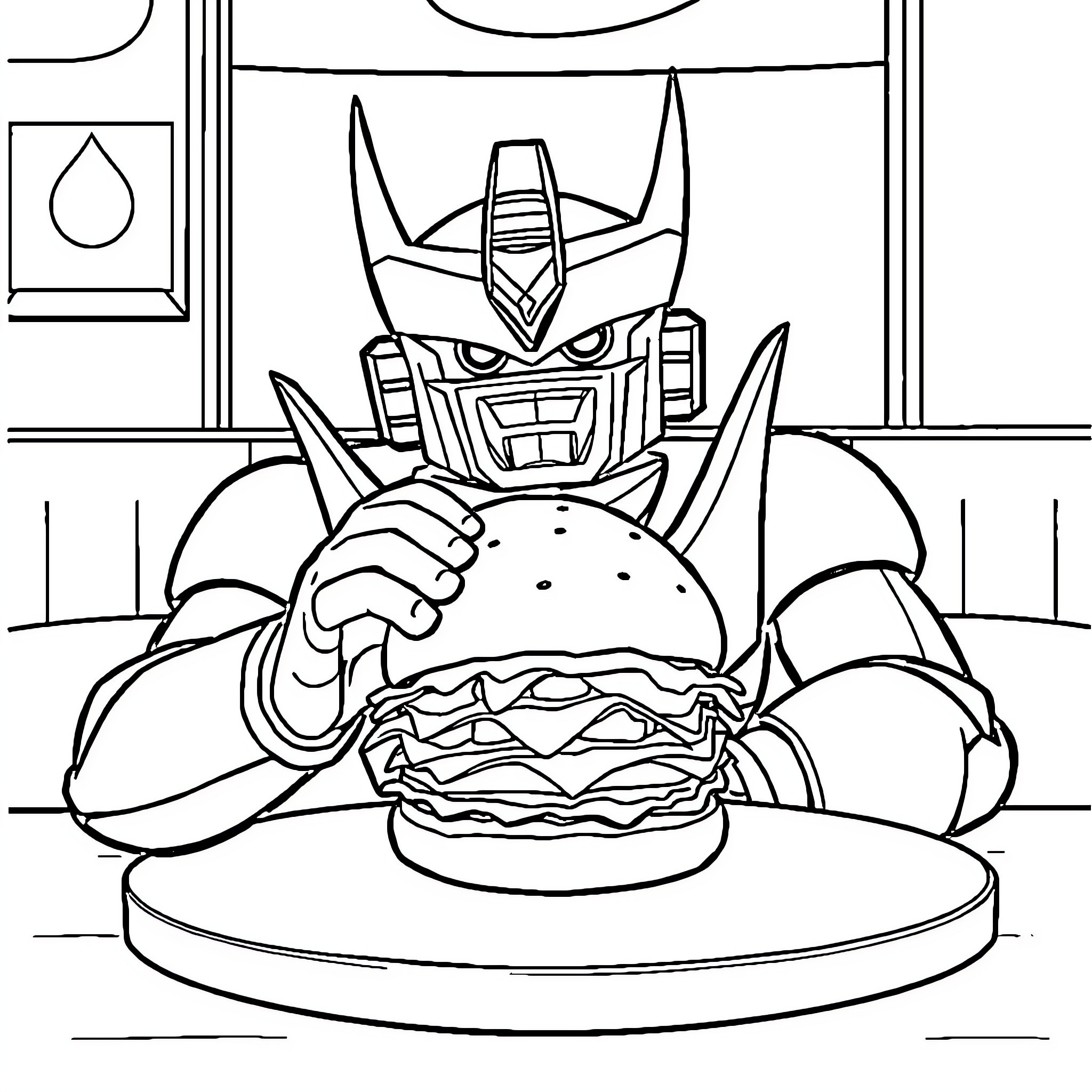 Mazinger Z enjoying a giant burger Coloring Page (free black-and-white line drawing printable PDF for all, from beginners to advanced learners, including children, teens, adults, and seniors)