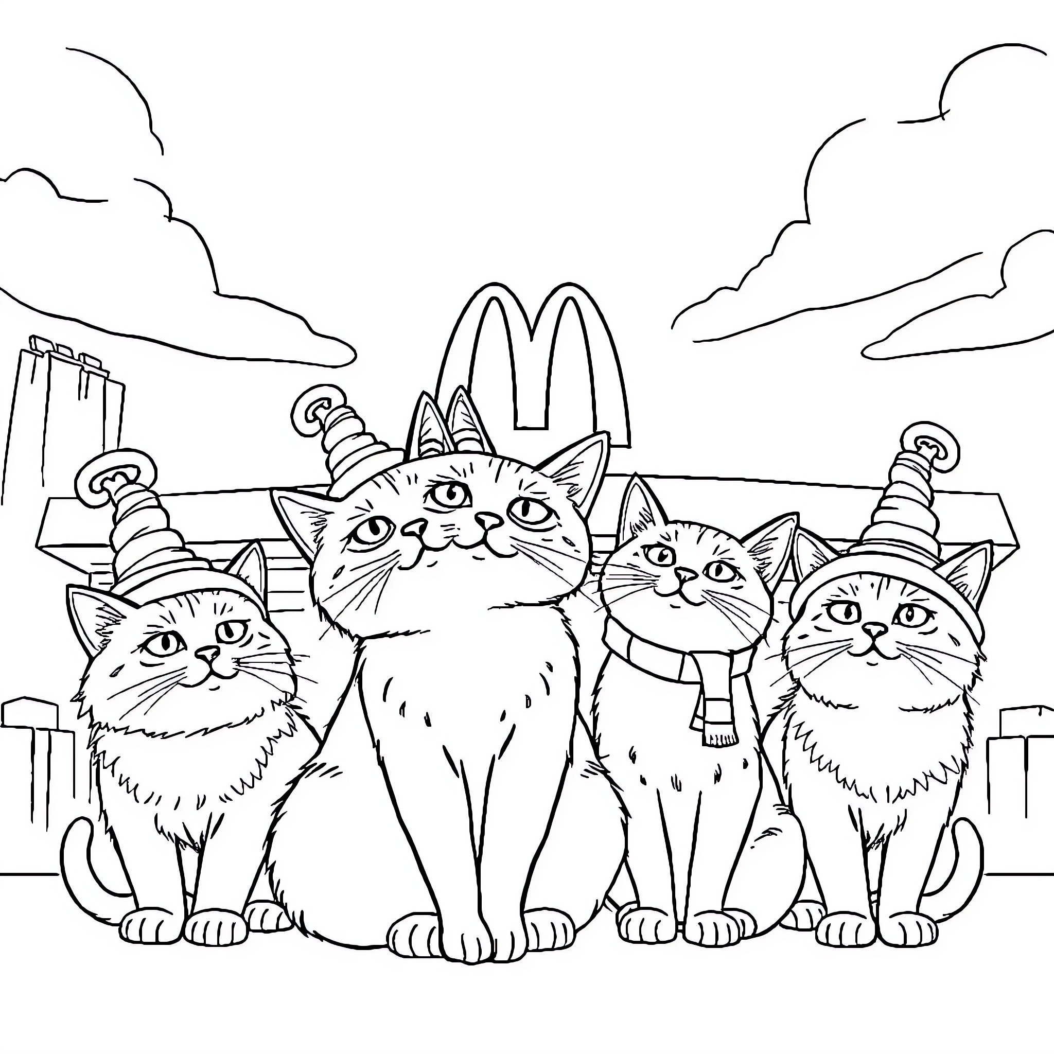 Cats Enjoying a Day at the Fast Food Restaurant Coloring Page (free black-and-white line drawing printable PDF for all, from beginners to advanced learners, including children, teens, adults, and seniors)