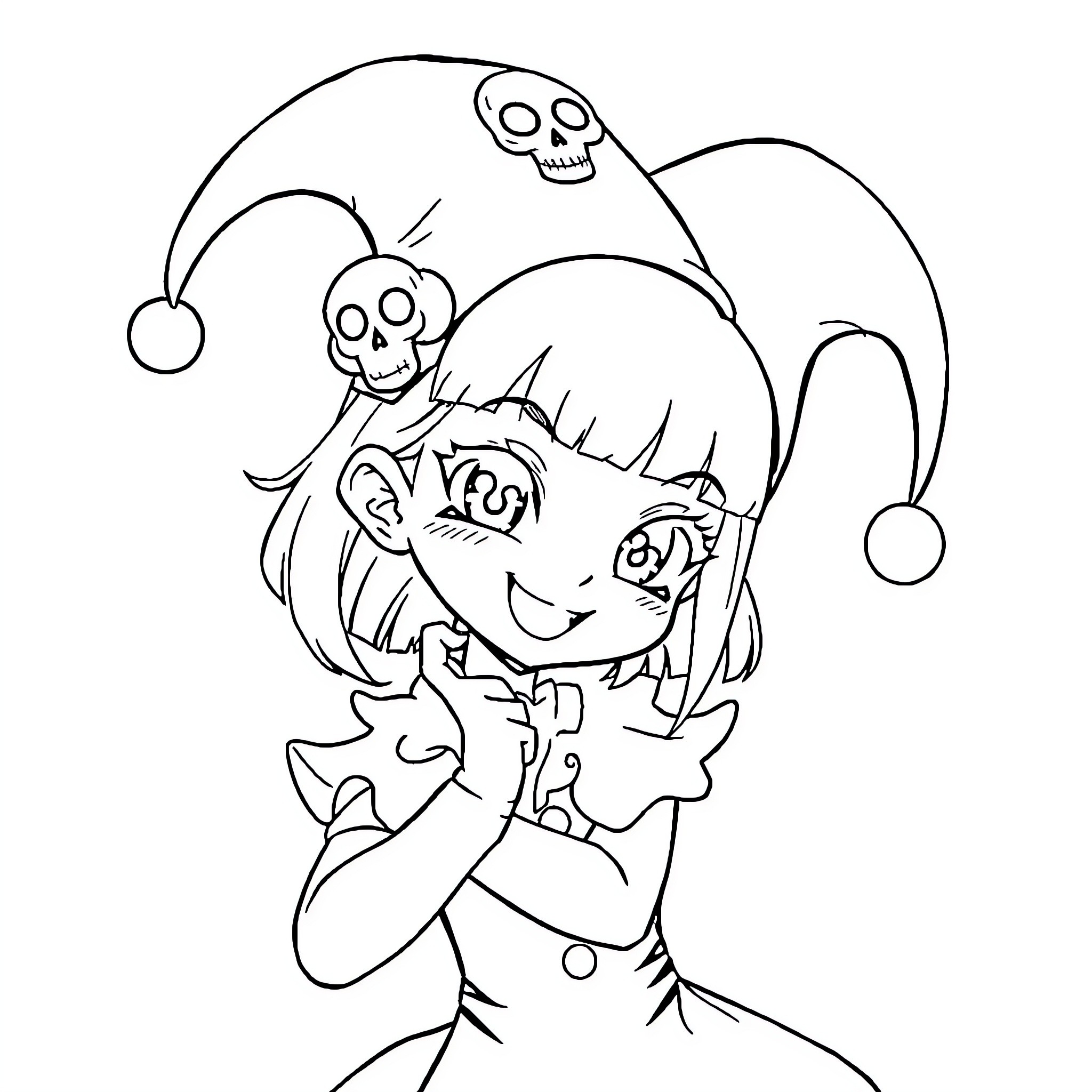 Kuromi having fun with skull-themed accessories Coloring Page (free black-and-white line drawing printable PDF for all, from beginners to advanced learners, including children, teens, adults, and seniors)