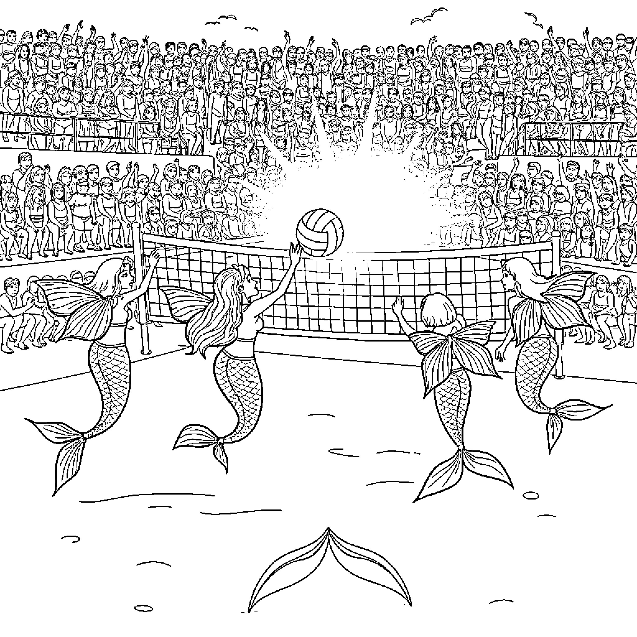 Mermaid volleyball game in the ocean Coloring Page (free black-and-white line drawing printable PDF for all, from beginners to advanced learners, including children, teens, adults, and seniors)
