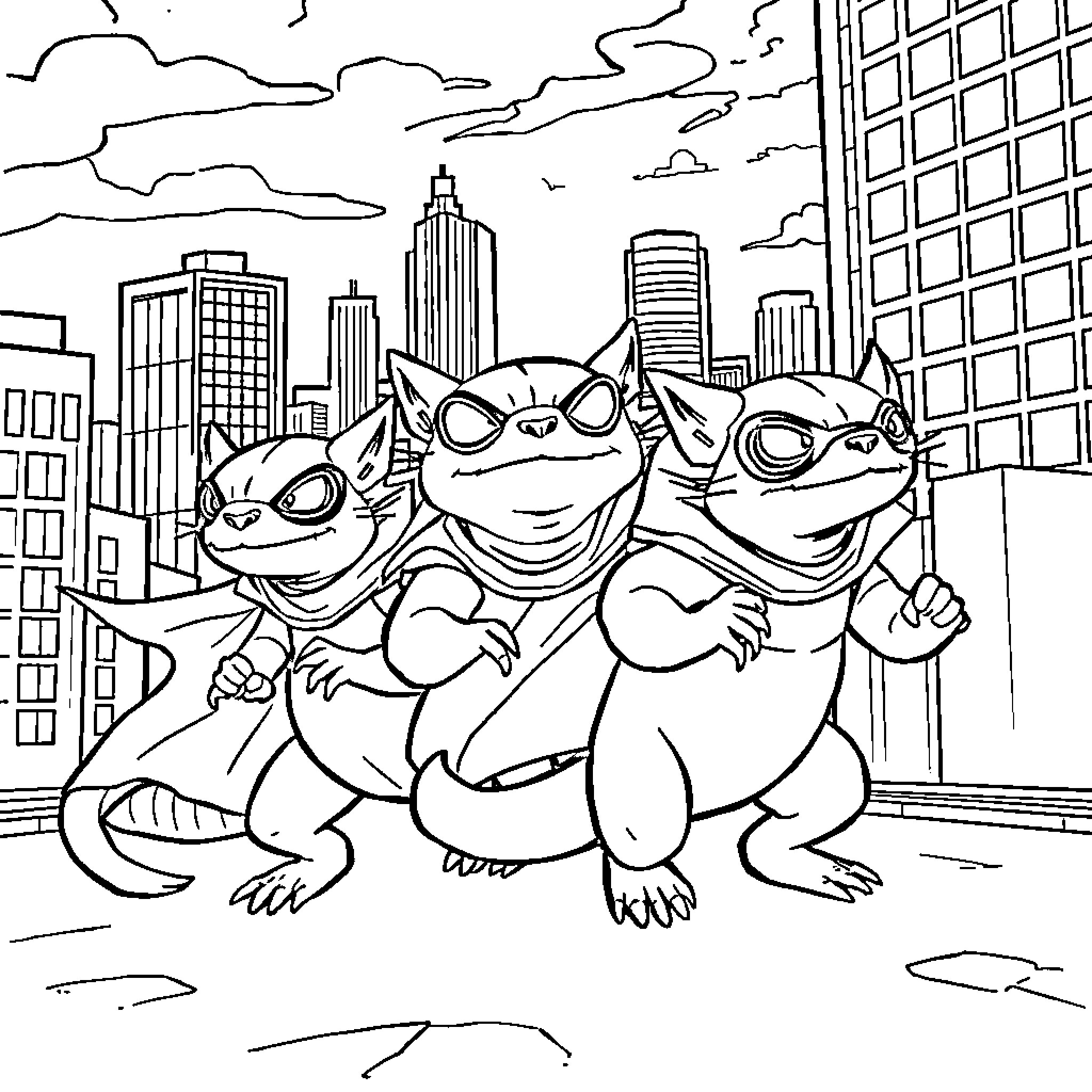 Axolotl heroes in the city Coloring Page (free black-and-white line drawing printable PDF for all, from beginners to advanced learners, including children, teens, adults, and seniors)