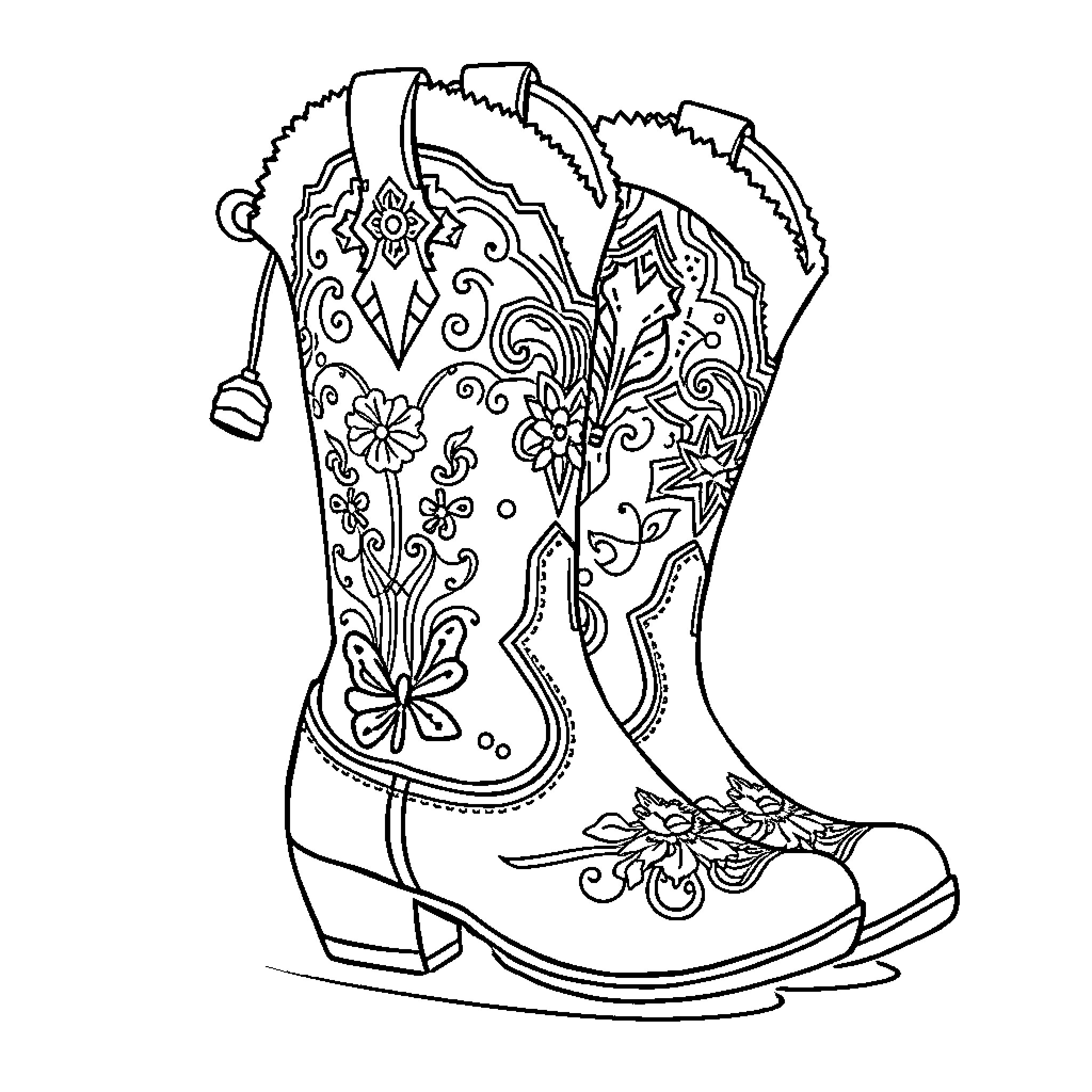 Boots with intricate floral patterns Coloring Page (free black-and-white line drawing printable PDF for all, from beginners to advanced learners, including children, teens, adults, and seniors)