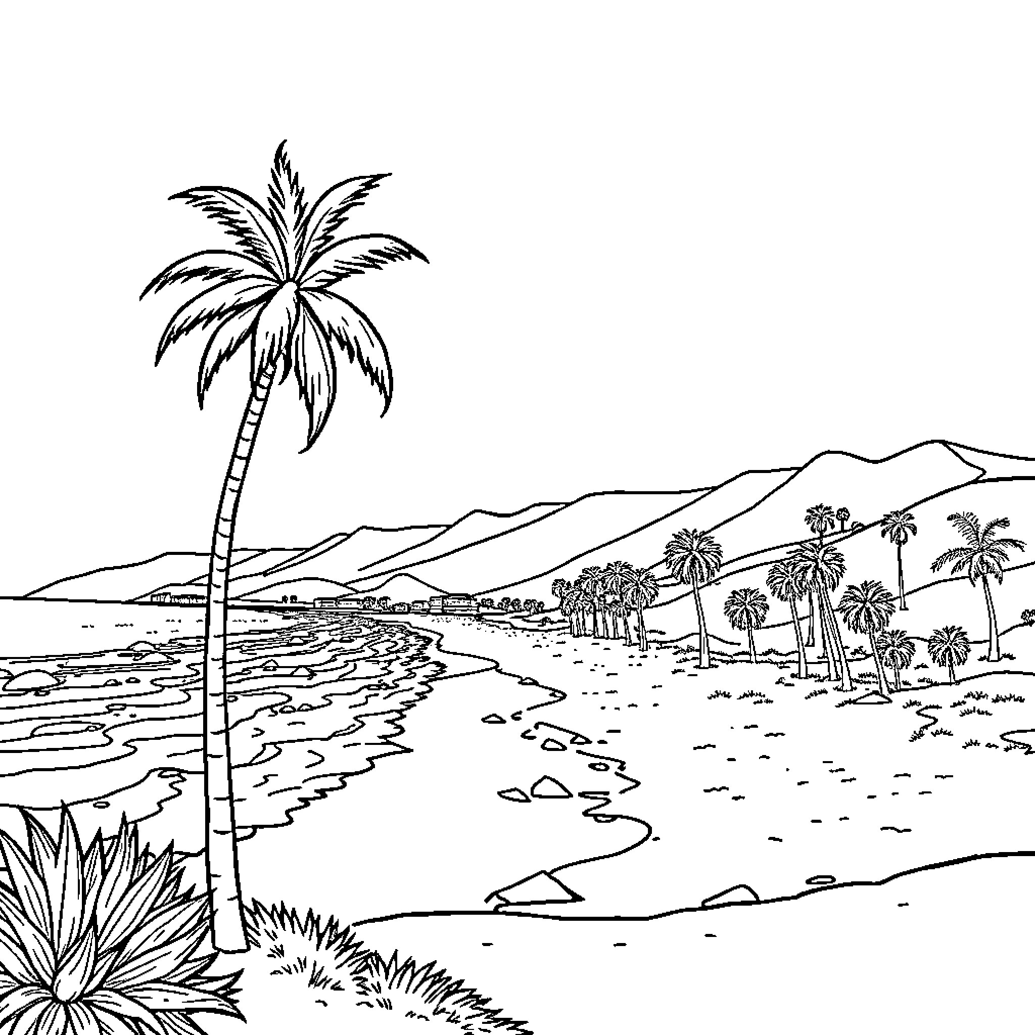 California Coastline with Palm Trees and Mountains Coloring Page (free black-and-white line drawing printable PDF for all, from beginners to advanced learners, including children, teens, adults, and seniors)