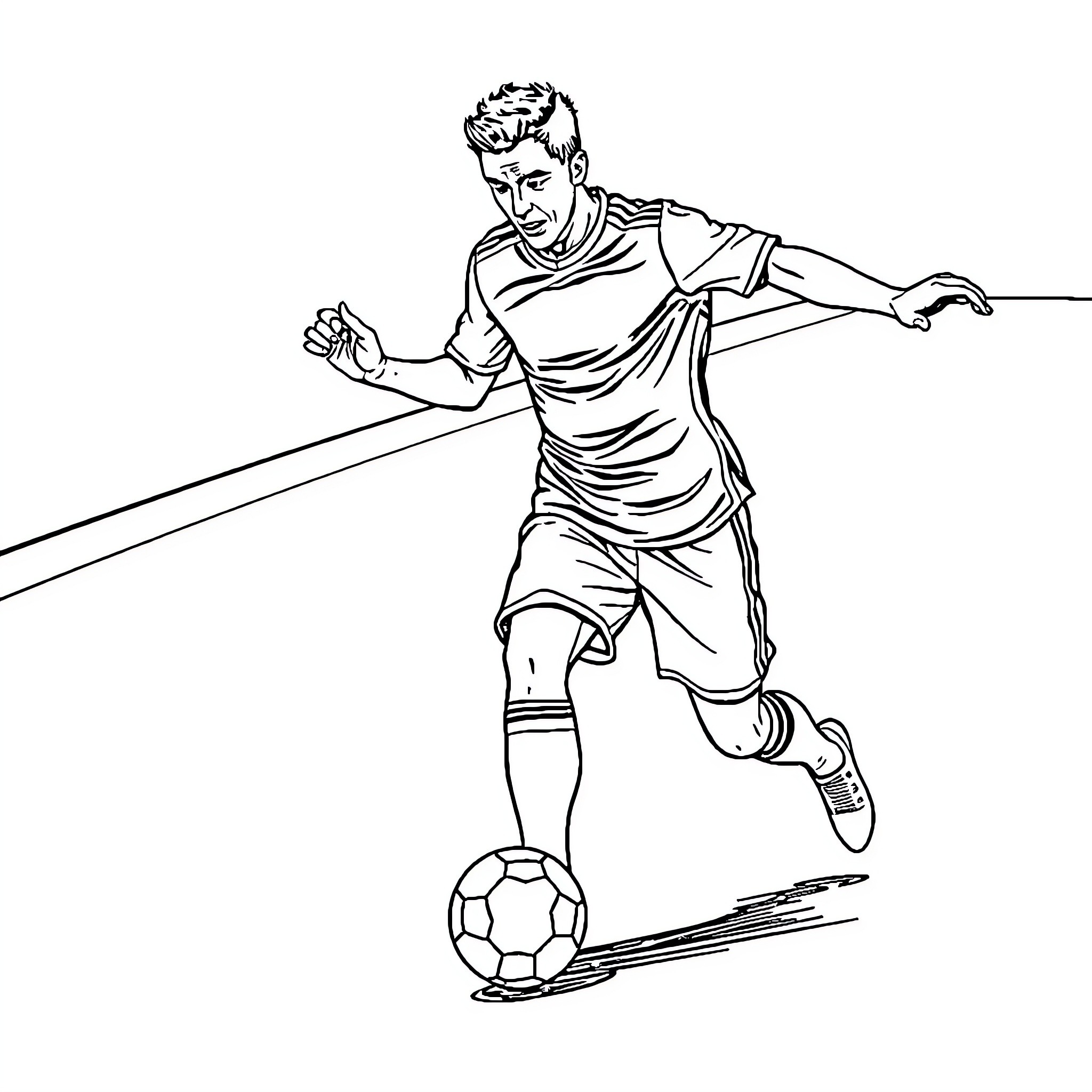 Footballeur Kicking Soccer Ball with Determination Coloring Page (free black-and-white line drawing printable PDF for all, from beginners to advanced learners, including children, teens, adults, and seniors)