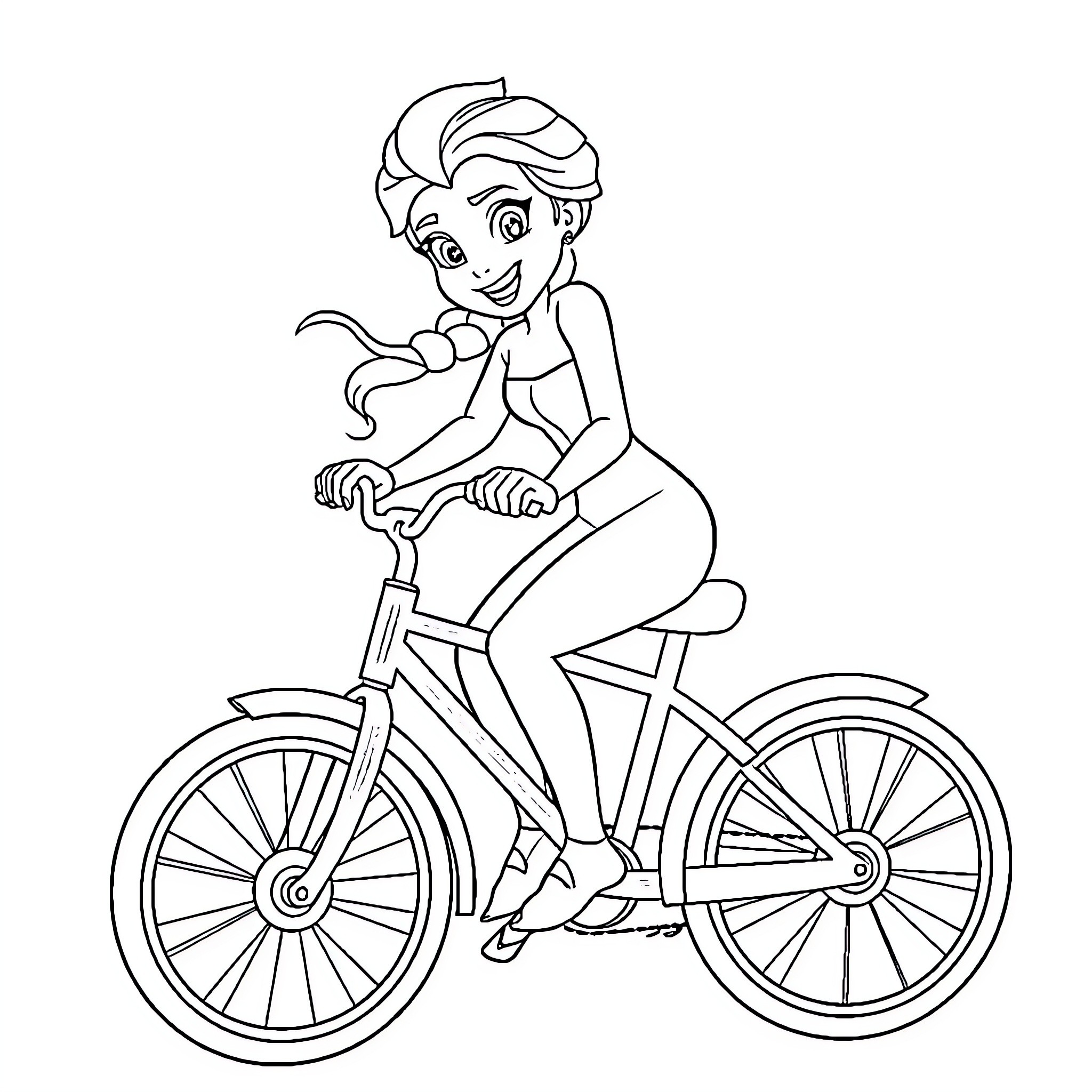 Elsa rides a bicycle with joy and enthusiasm Coloring Page (free black-and-white line drawing printable PDF for all, from beginners to advanced learners, including children, teens, adults, and seniors)