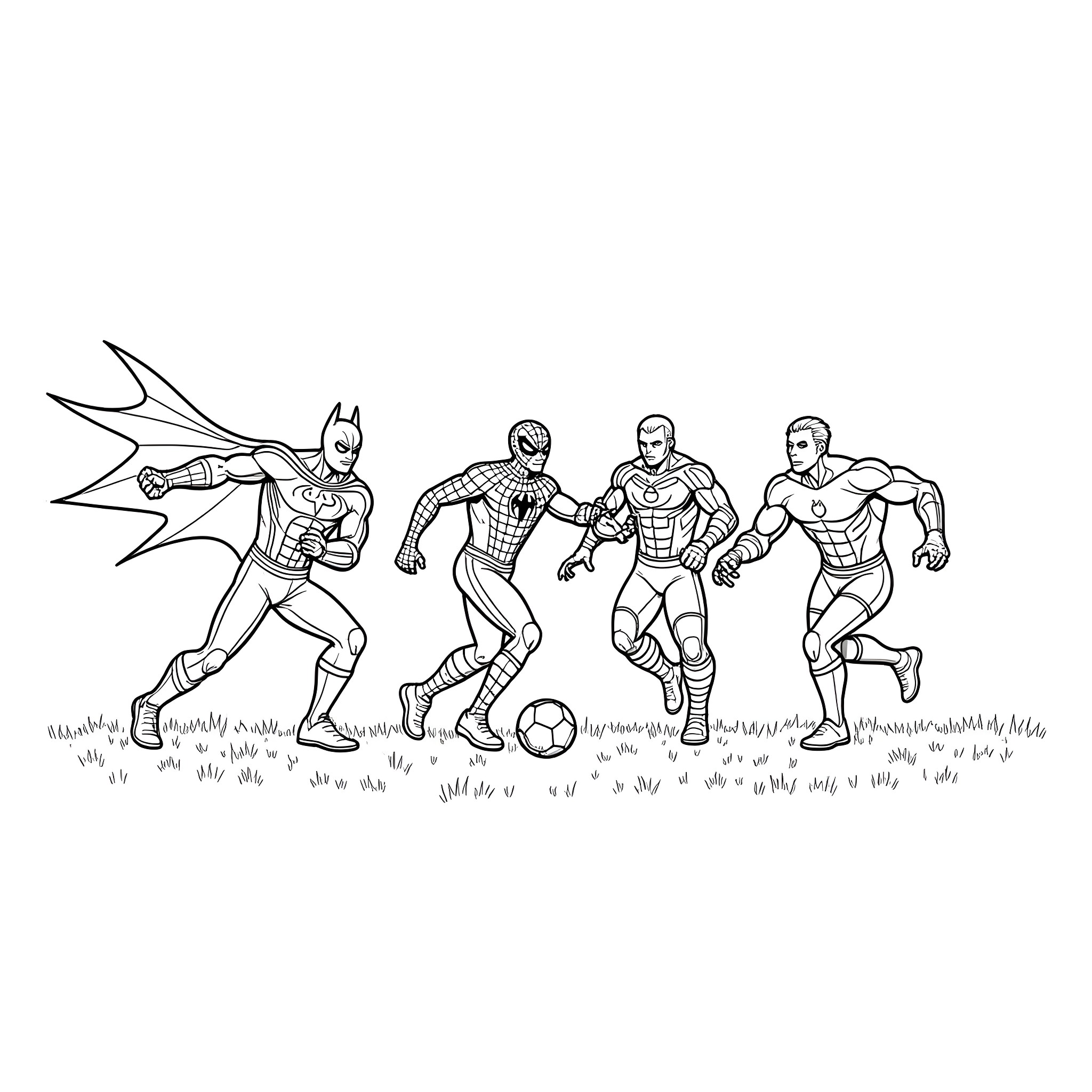 Superheroes in action-packed soccer match Coloring Page (free black-and-white line drawing printable PDF for all, from beginners to advanced learners, including children, teens, adults, and seniors)