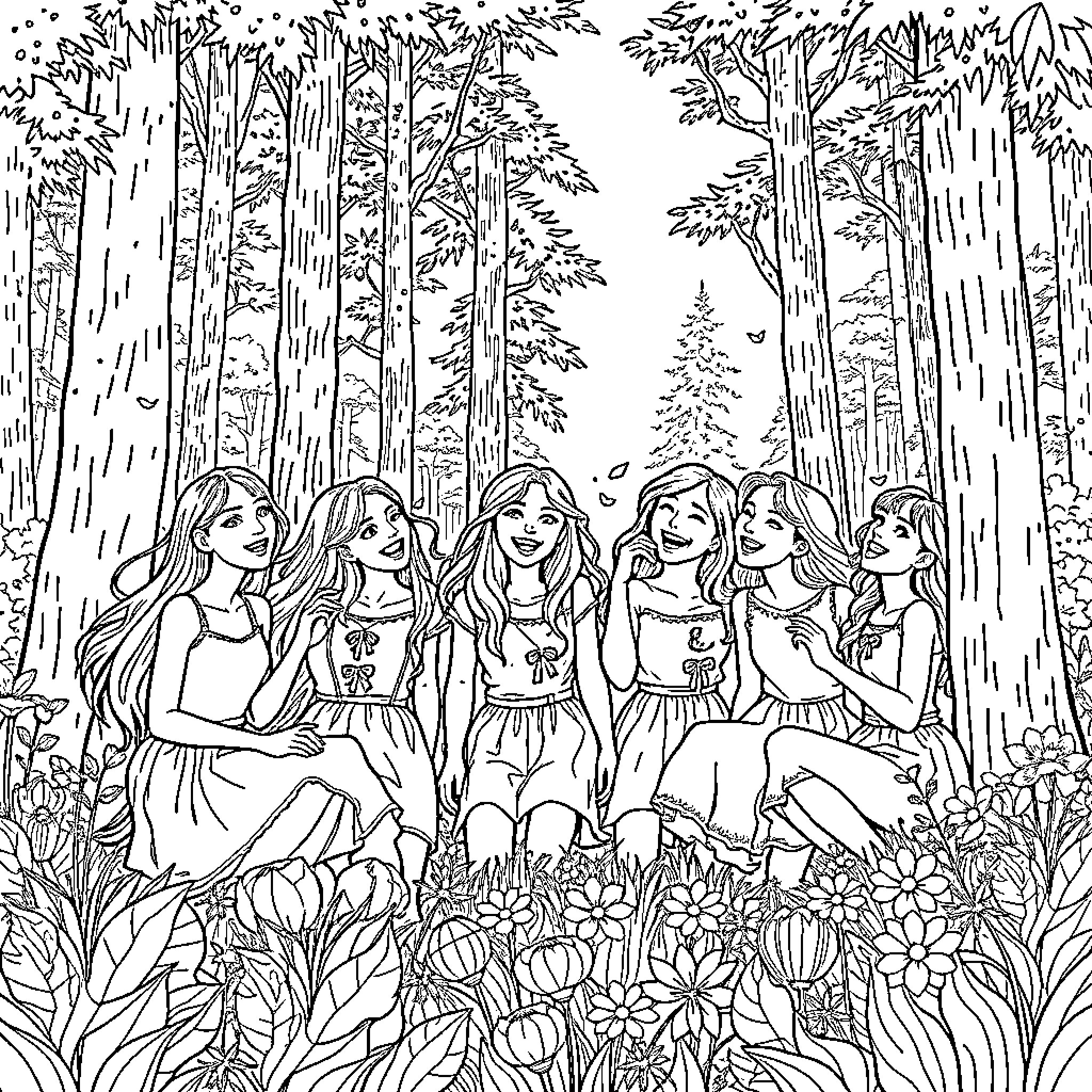 Teenagers enjoying nature in forest surroundings Coloring Page (free black-and-white line drawing printable PDF for all, from beginners to advanced learners, including children, teens, adults, and seniors)