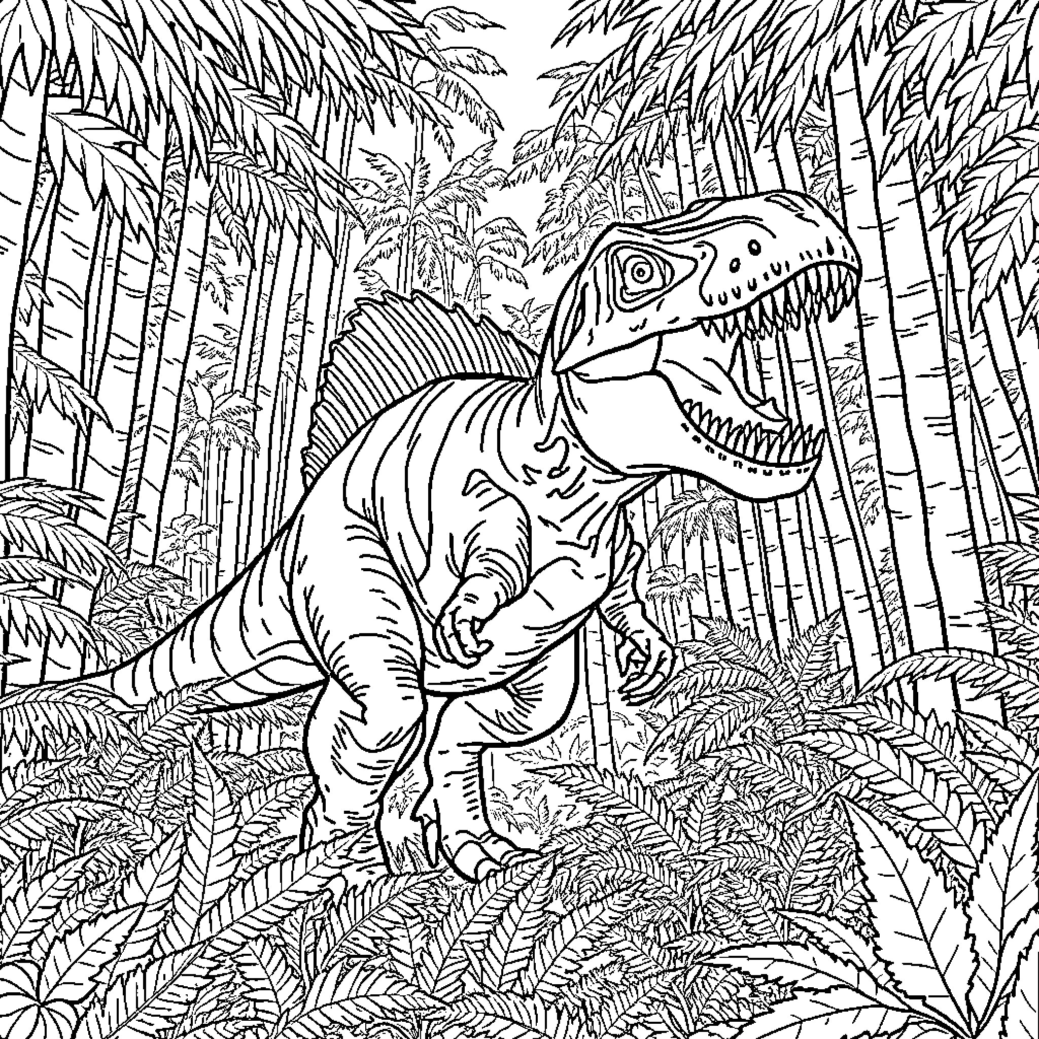 Spinosaurus exploring lush prehistoric jungle Coloring Page (free black-and-white line drawing printable PDF for all, from beginners to advanced learners, including children, teens, adults, and seniors)