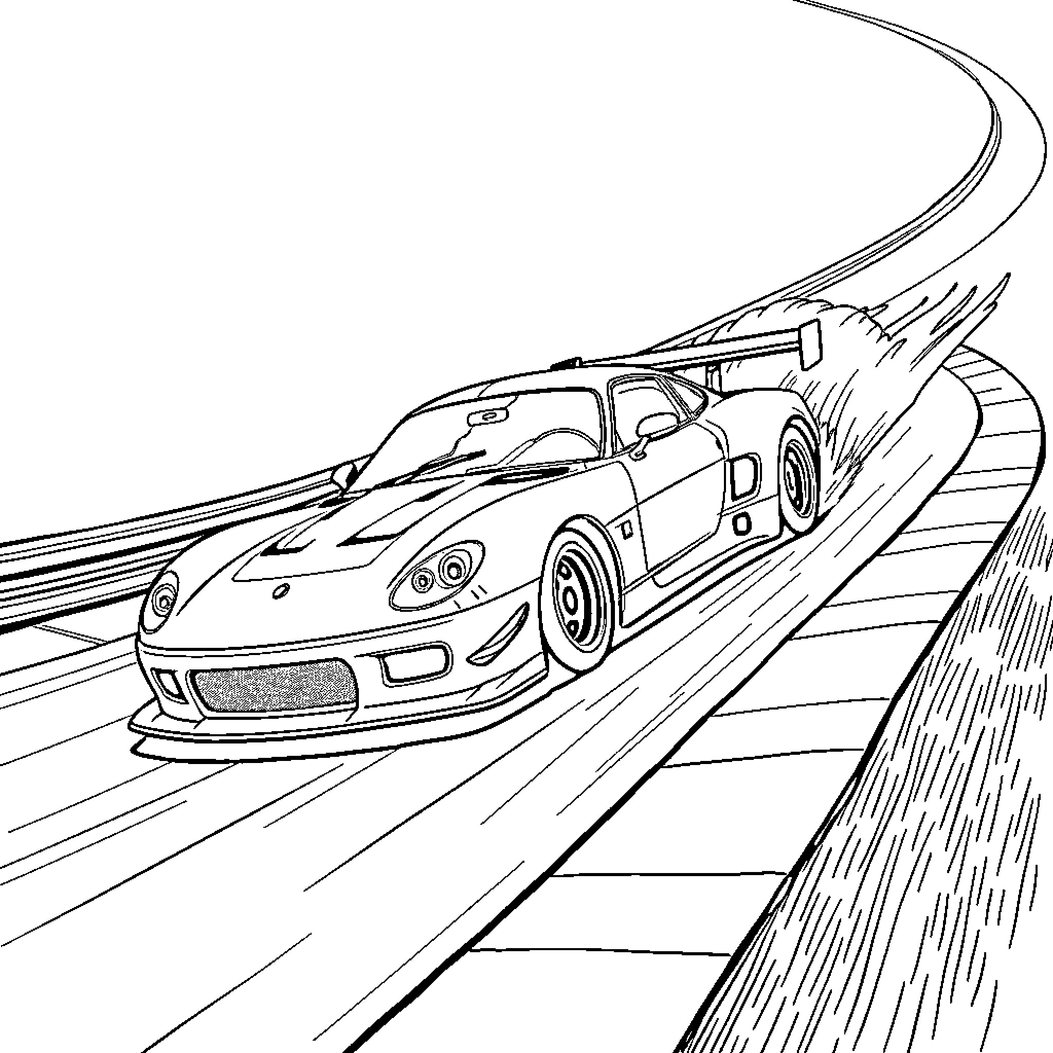 Car speeding down the racetrack Coloring Page (free black-and-white line drawing printable PDF for all, from beginners to advanced learners, including children, teens, adults, and seniors)