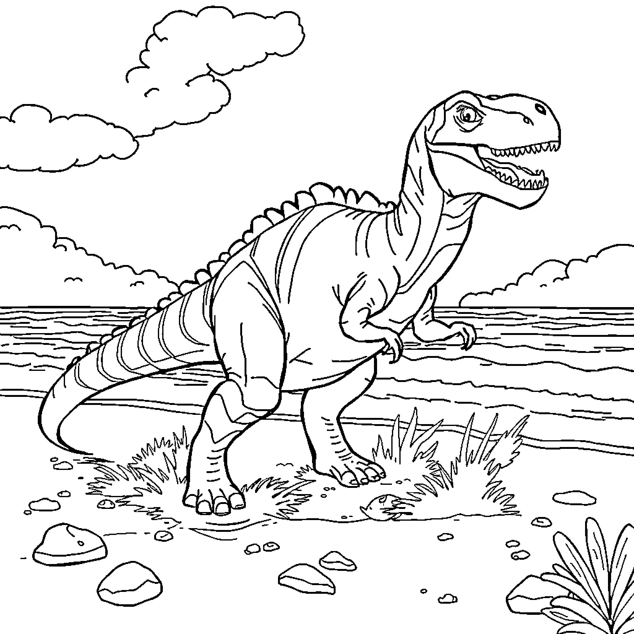 Dinosaur by the lake on a cloudy day Coloring Page (free black-and-white line drawing printable PDF for all, from beginners to advanced learners, including children, teens, adults, and seniors)