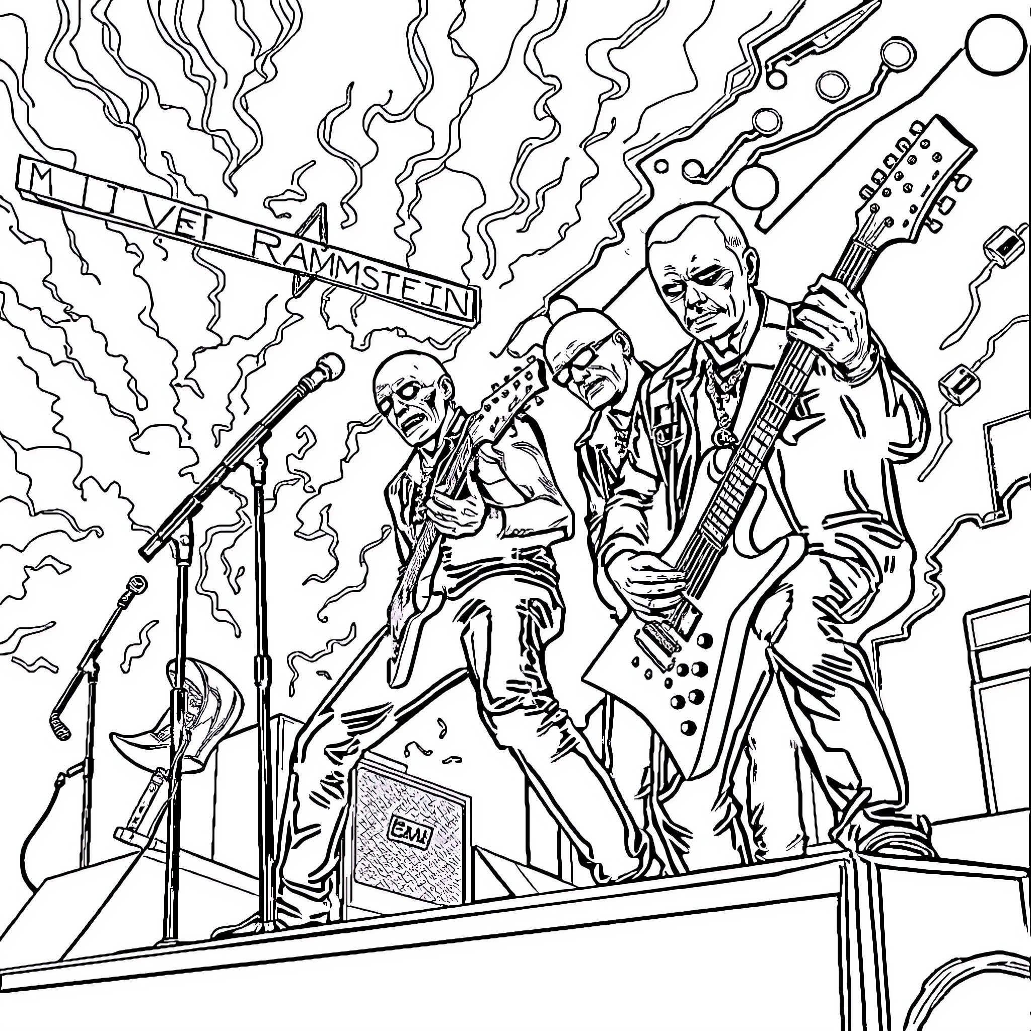 Rammstein Live Performance with Intense Energy and Expressions Coloring Page (free black-and-white line drawing printable PDF for all, from beginners to advanced learners, including children, teens, adults, and seniors)