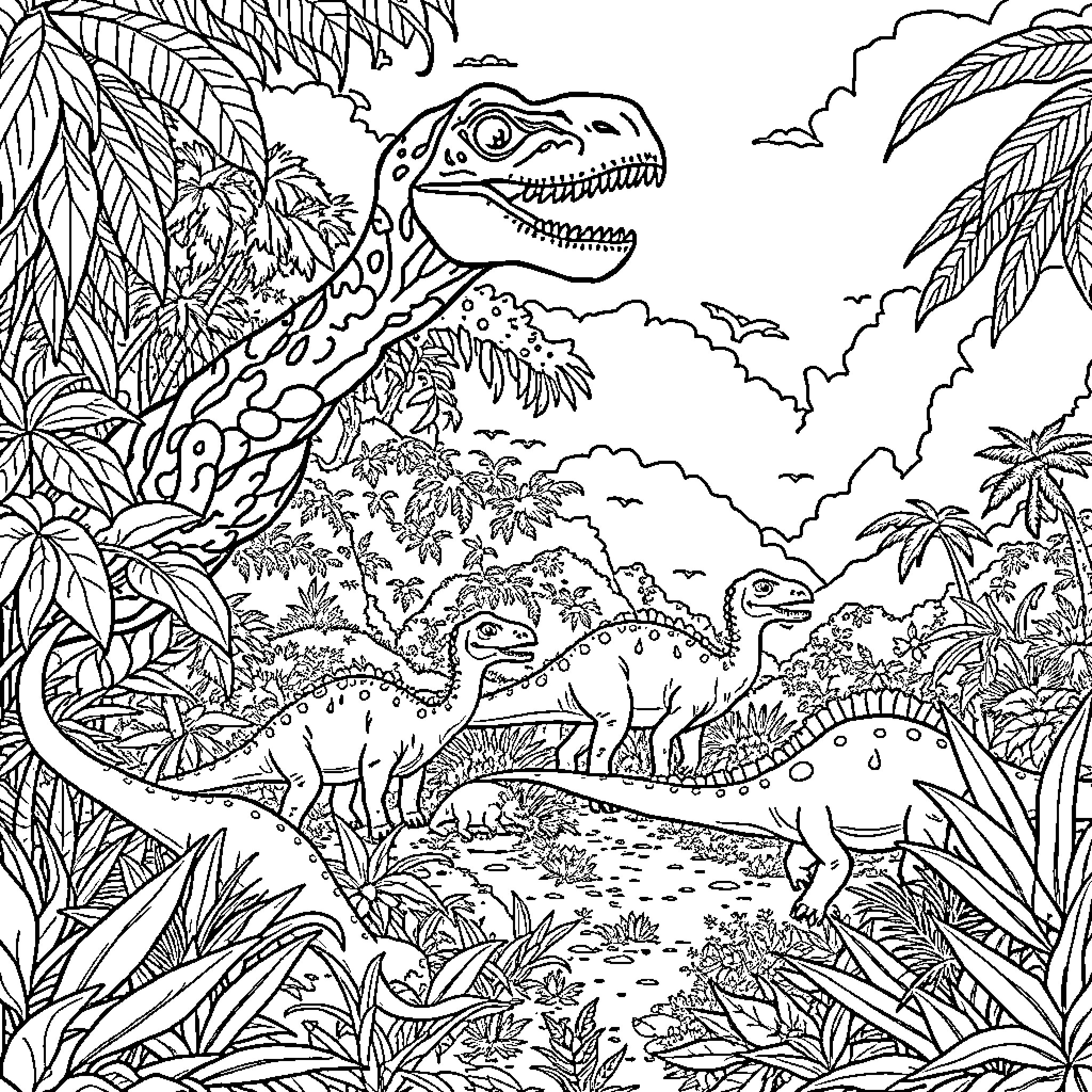 Dinosaur Gathering in Lush Prehistoric Landscape Coloring Page (free black-and-white line drawing printable PDF for all, from beginners to advanced learners, including children, teens, adults, and seniors)