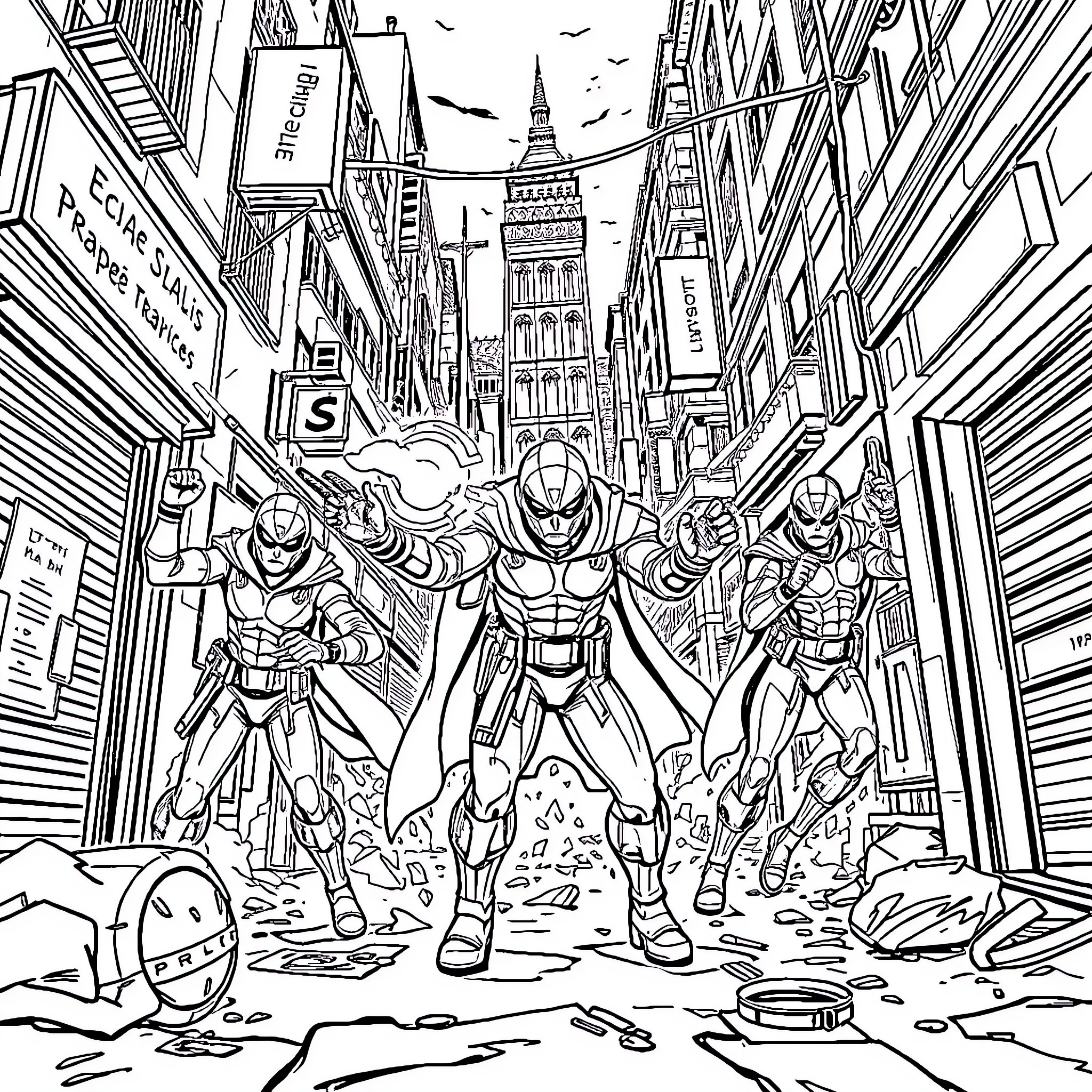 Fuerza Especial: Super Heroes in Action Coloring Page (free black-and-white line drawing printable PDF for all, from beginners to advanced learners, including children, teens, adults, and seniors)