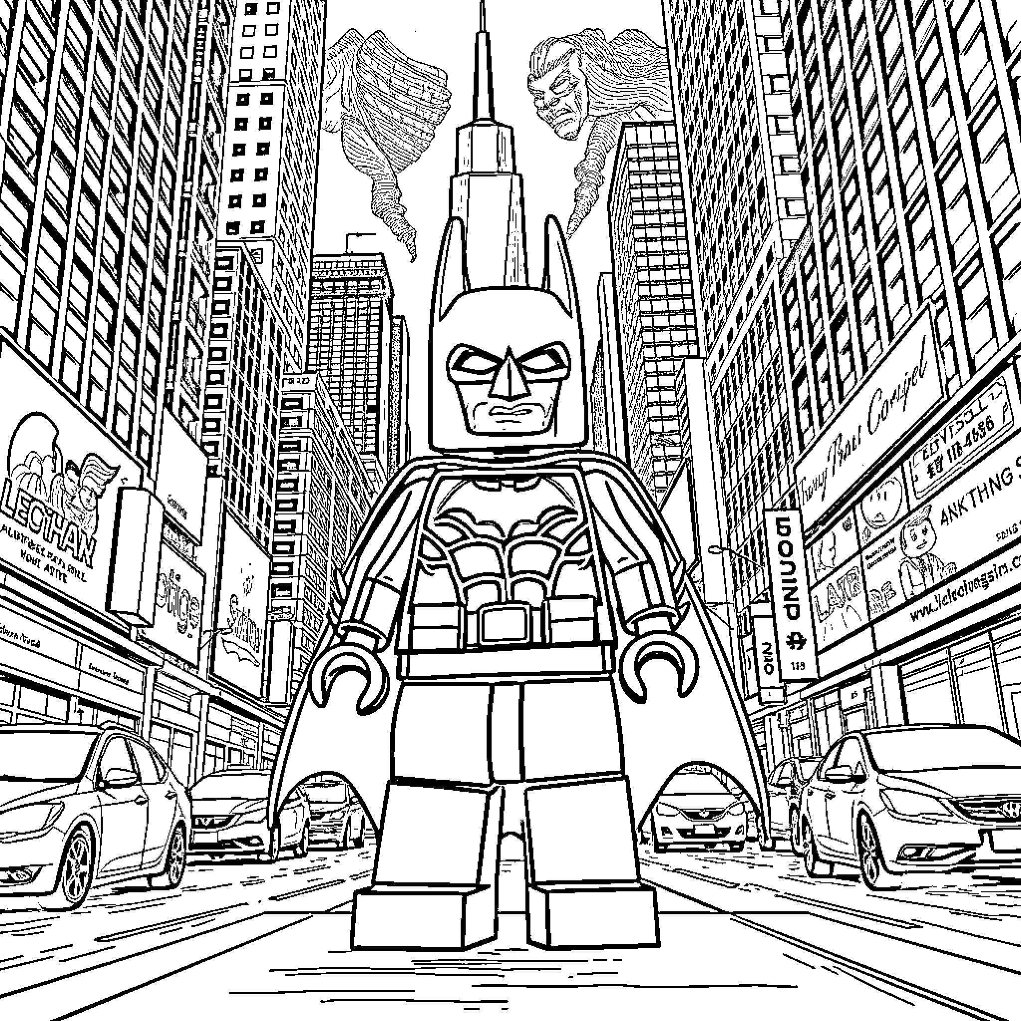 Lego Batman confronts the city Coloring Page (free black-and-white line drawing printable PDF for all, from beginners to advanced learners, including children, teens, adults, and seniors)