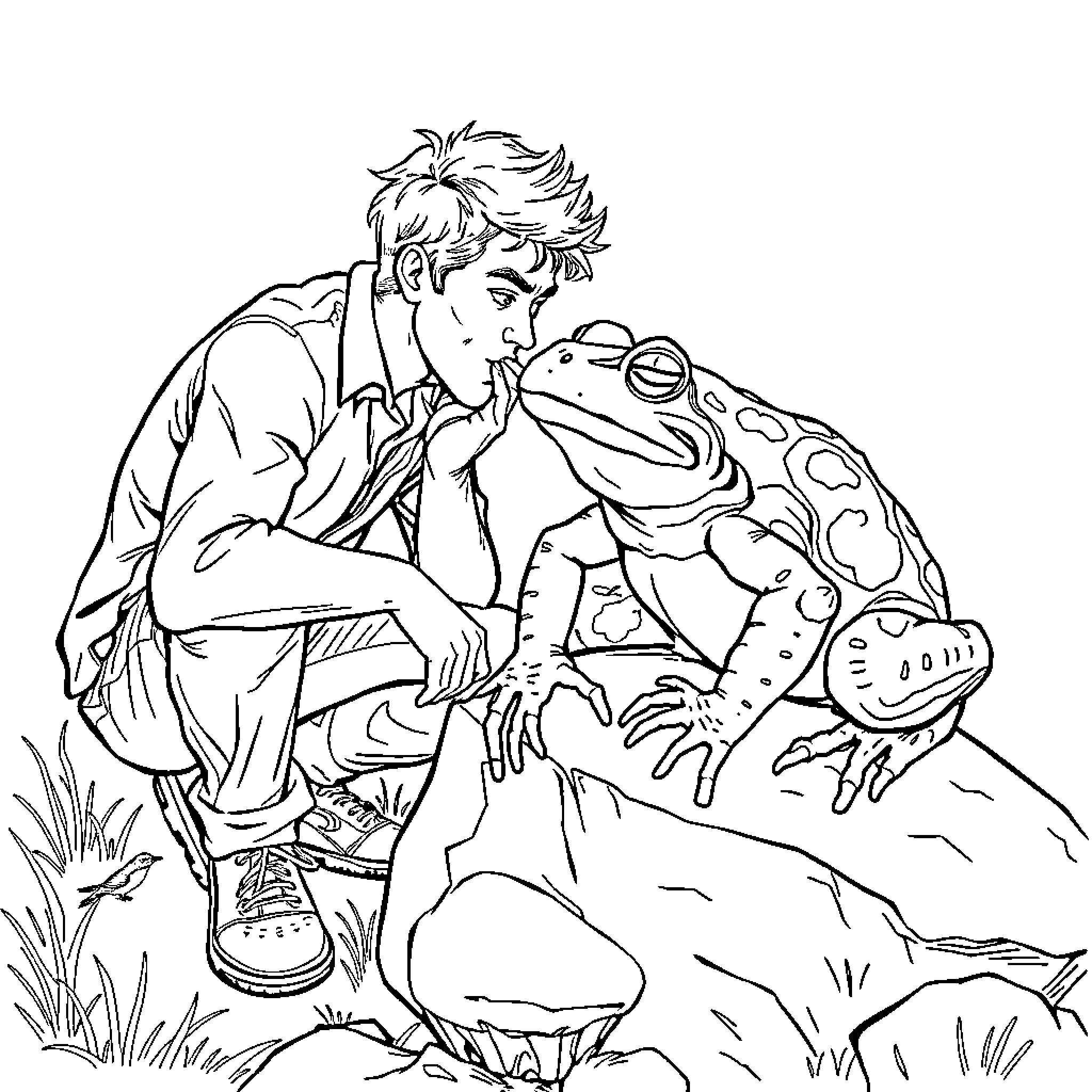 Man interacting with a giant frog in nature Coloring Page (free black-and-white line drawing printable PDF for all, from beginners to advanced learners, including children, teens, adults, and seniors)