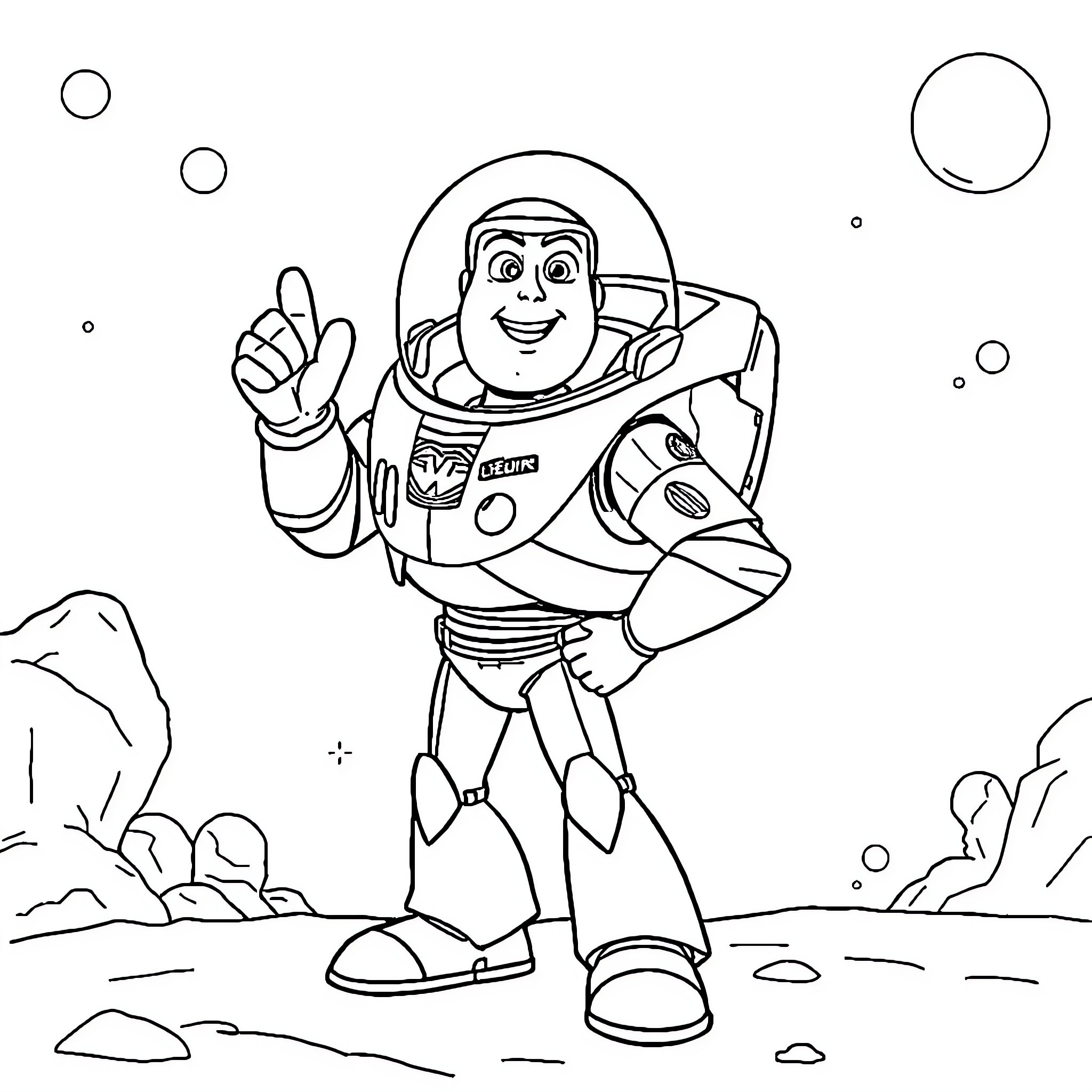 Buzz Lightyear on a space adventure Coloring Page (free black-and-white line drawing printable PDF for all, from beginners to advanced learners, including children, teens, adults, and seniors)