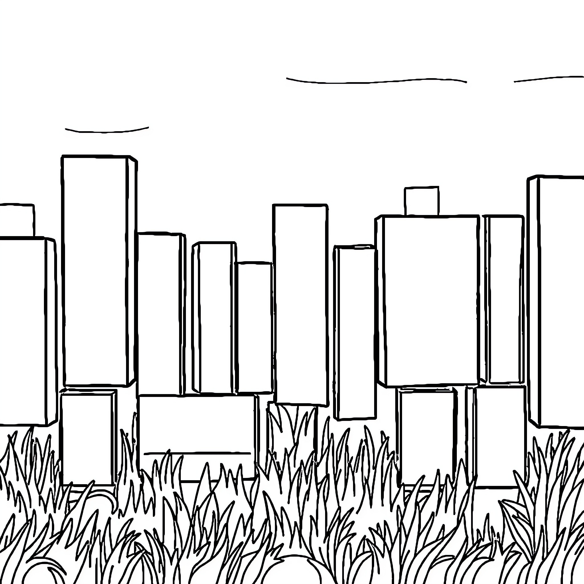 Rectangle skyline with grass in foreground Coloring Page (free black-and-white line drawing printable PDF for all, from beginners to advanced learners, including children, teens, adults, and seniors)