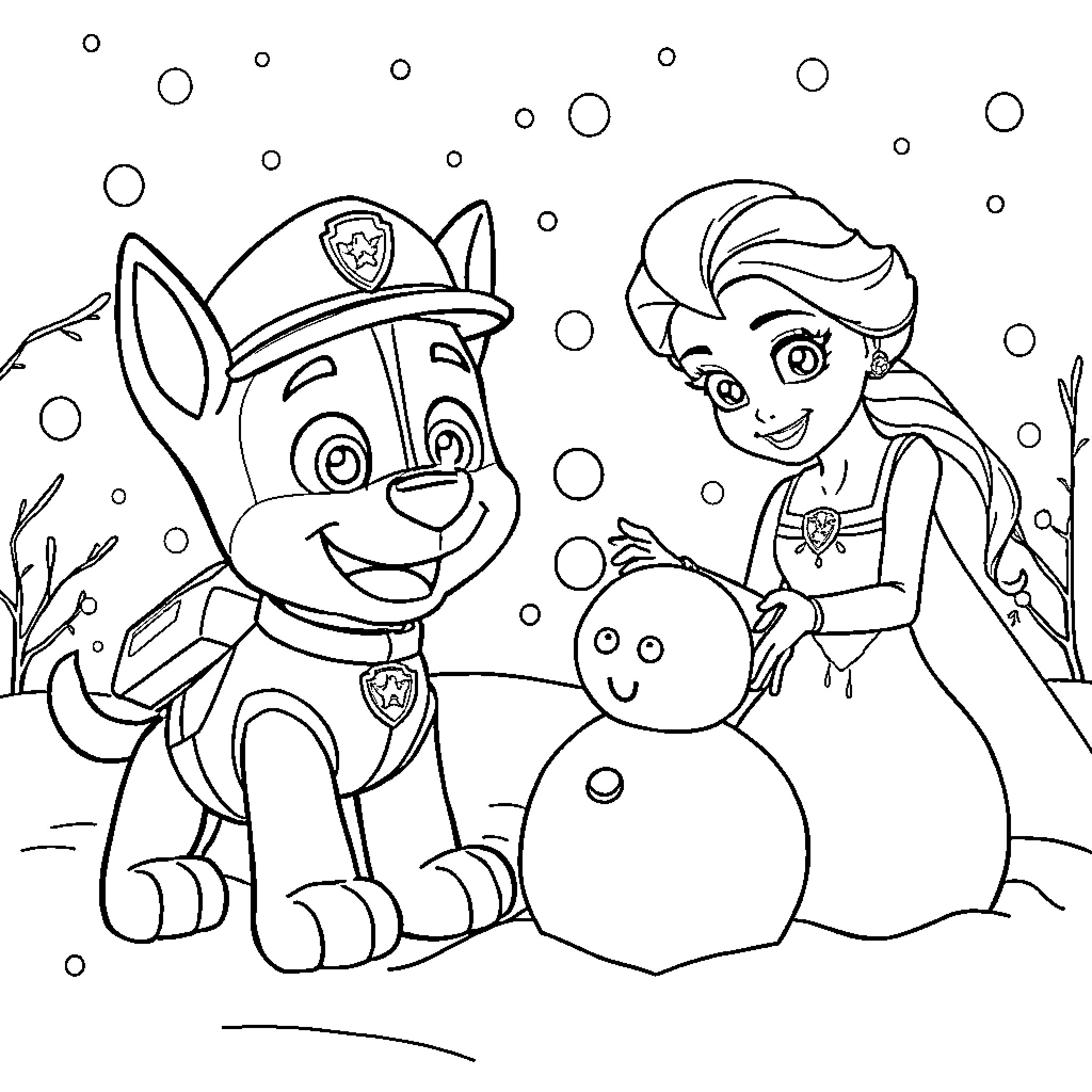 Chase building a snowman with a dog Coloring Page (free black-and-white line drawing printable PDF for all, from beginners to advanced learners, including children, teens, adults, and seniors)