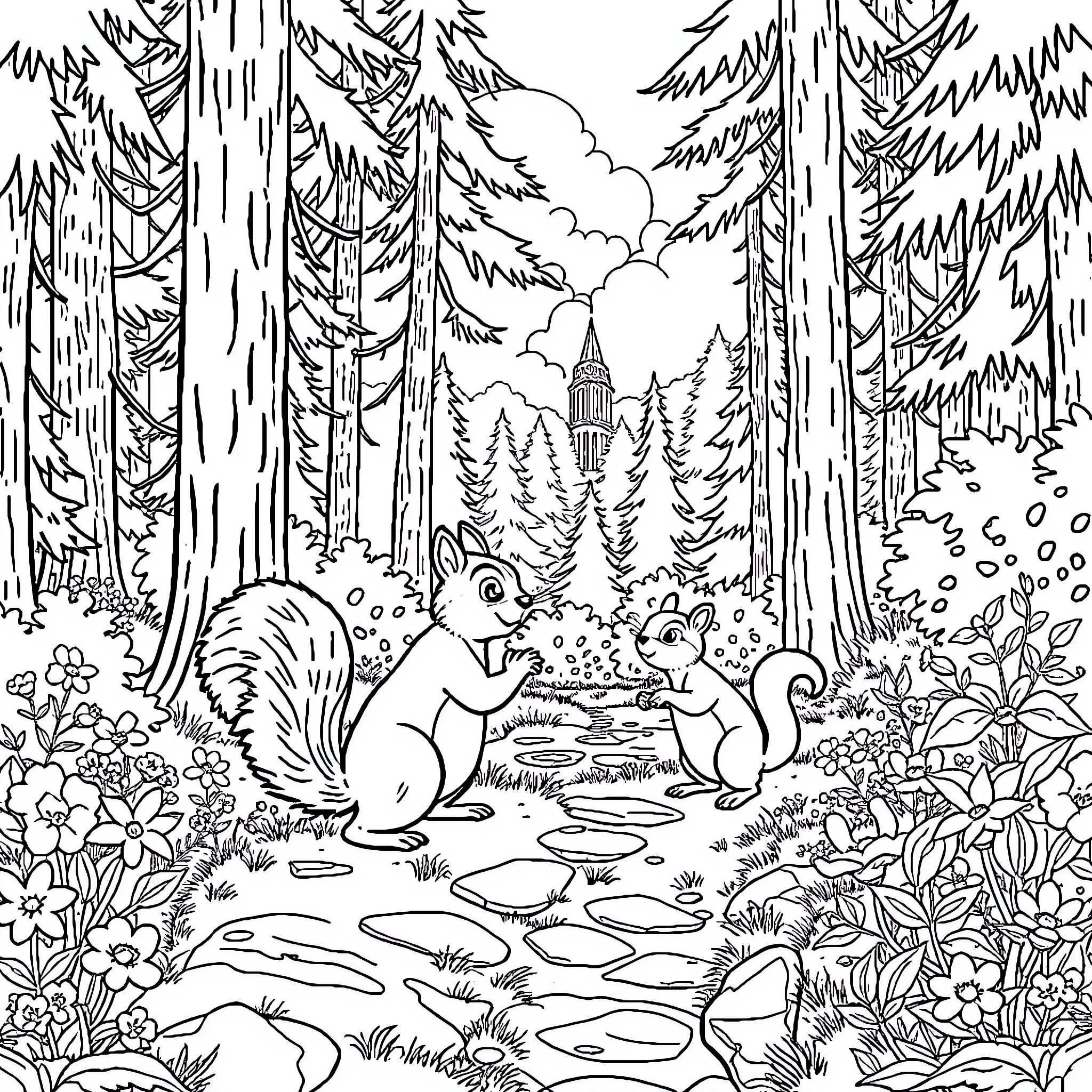Squirrels playing in the enchanted forest Coloring Page (free black-and-white line drawing printable PDF for all, from beginners to advanced learners, including children, teens, adults, and seniors)