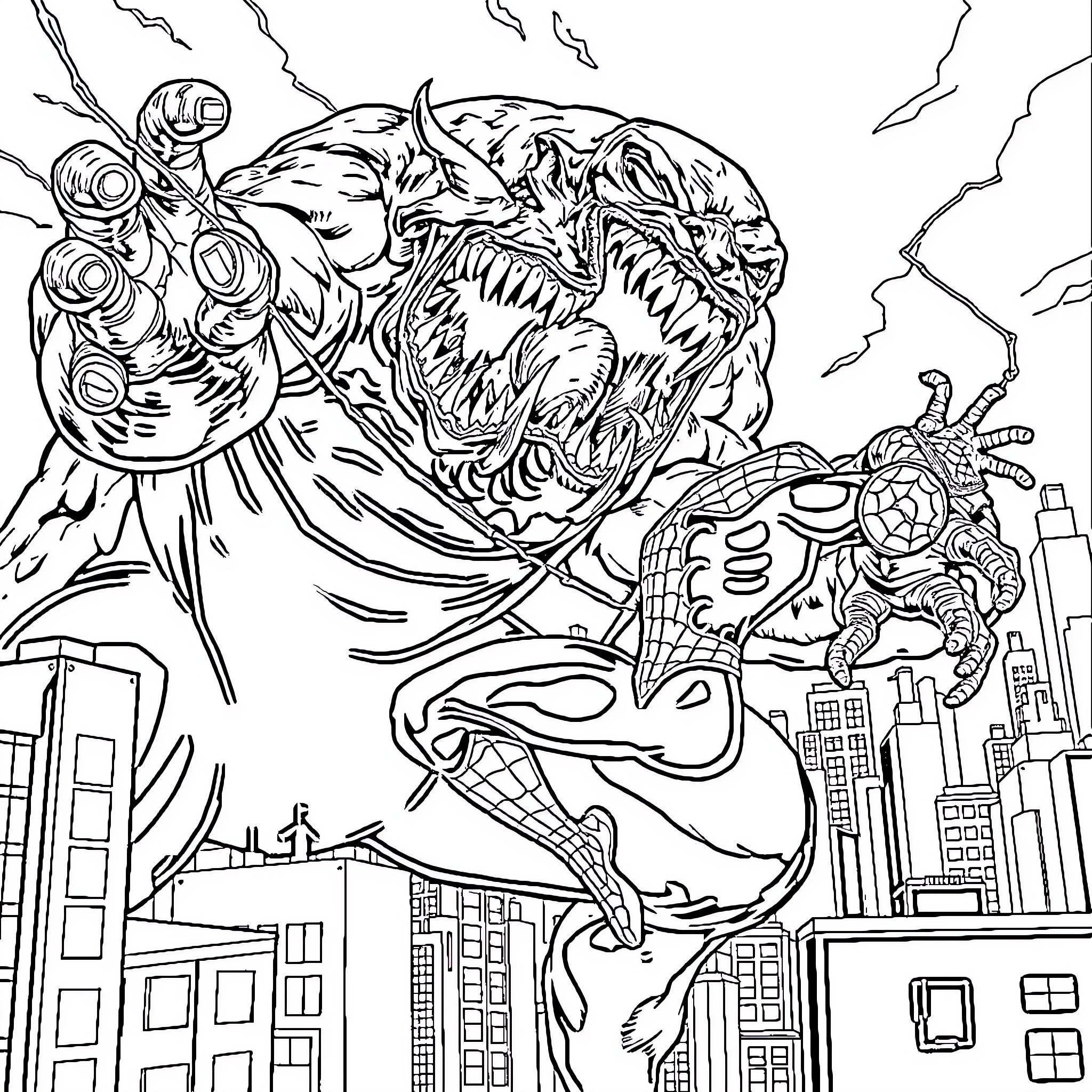 Spiderman Battles Monstrous Villain over City Skyline Coloring Page (free black-and-white line drawing printable PDF for all, from beginners to advanced learners, including children, teens, adults, and seniors)