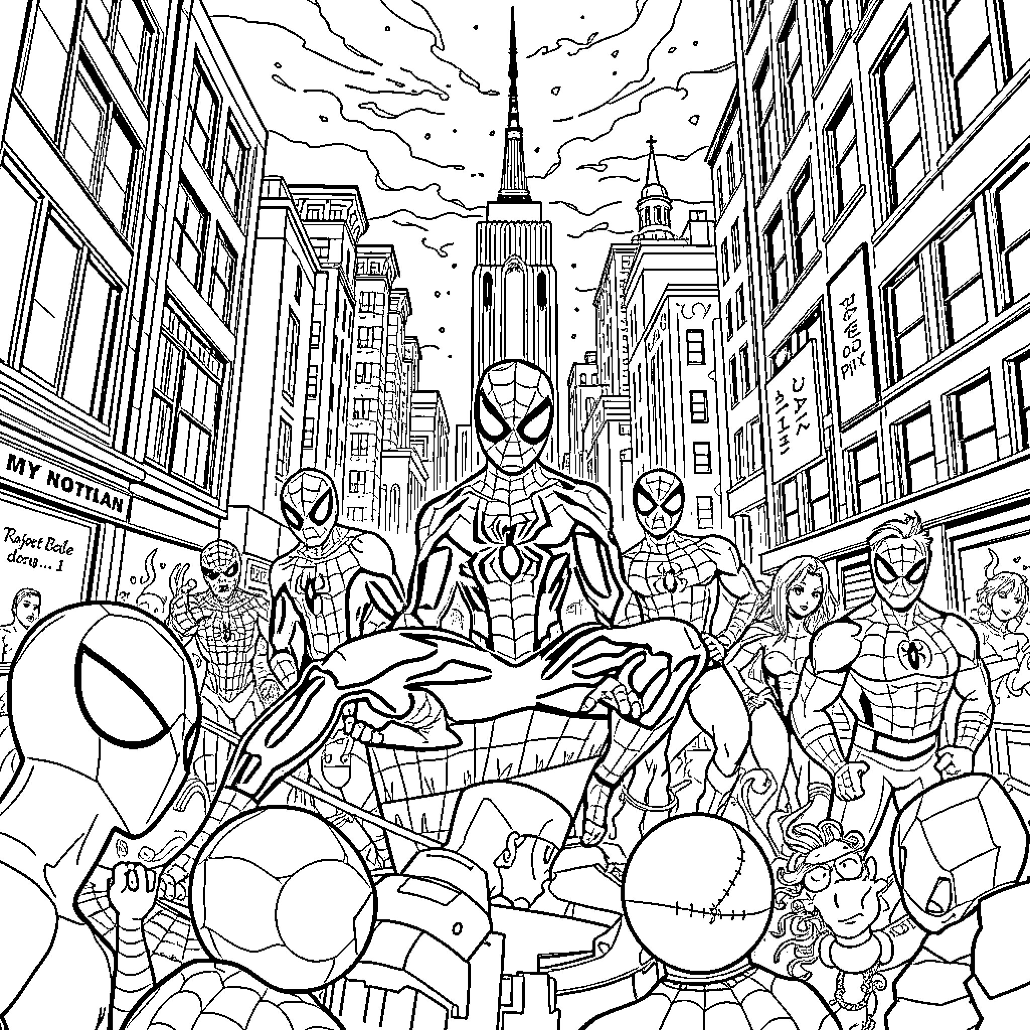 Spidy and Superhero Ensemble in Epic City Scene Coloring Page (free black-and-white line drawing printable PDF for all, from beginners to advanced learners, including children, teens, adults, and seniors)