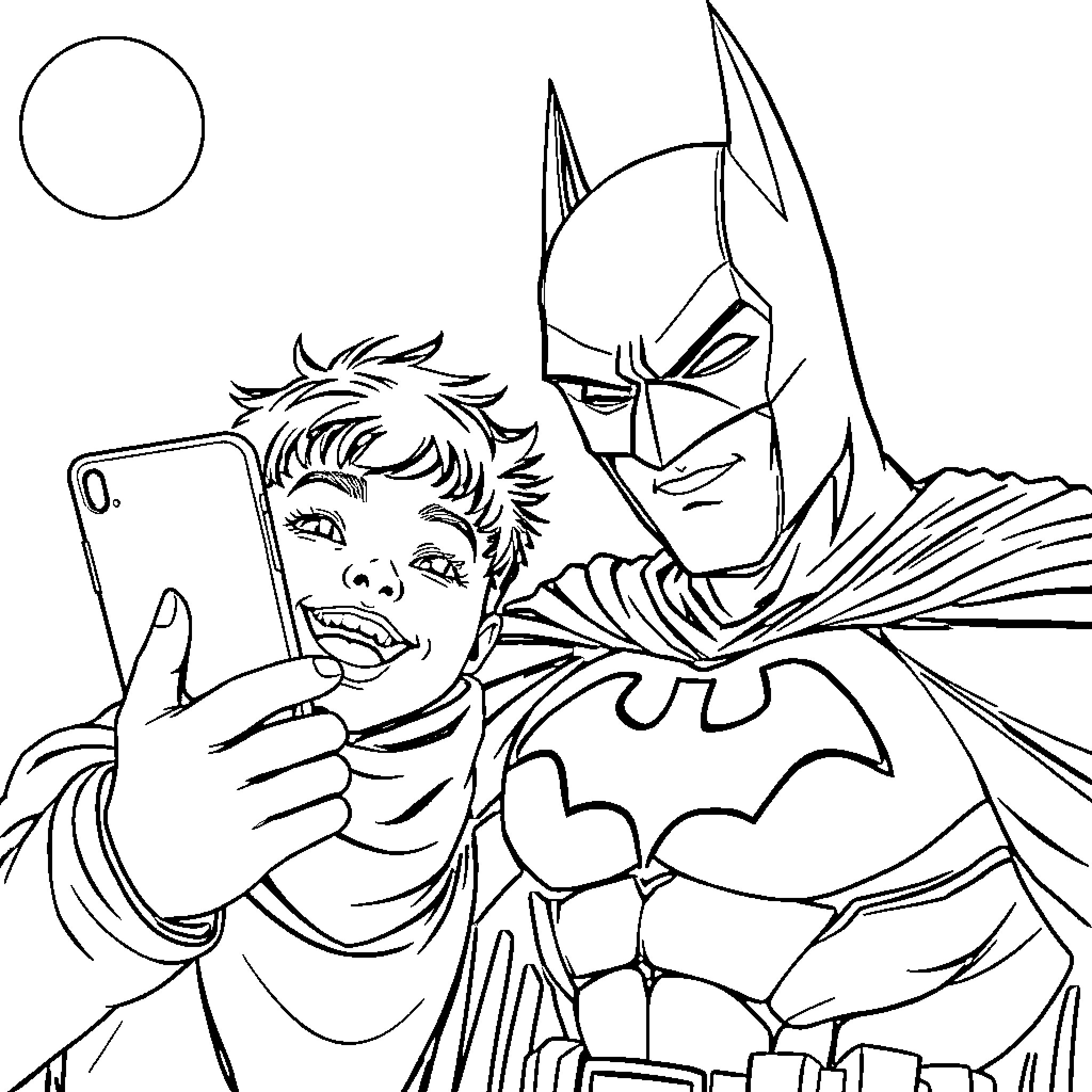 Rumi takes a selfie with Batman Coloring Page (free black-and-white line drawing printable PDF for all, from beginners to advanced learners, including children, teens, adults, and seniors)