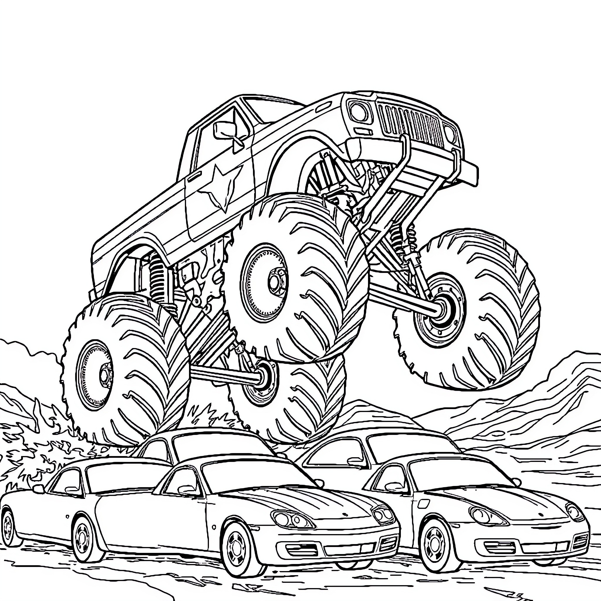 Monster Truck crushing small cars in the city Coloring Page (free black-and-white line drawing printable PDF for all, from beginners to advanced learners, including children, teens, adults, and seniors)
