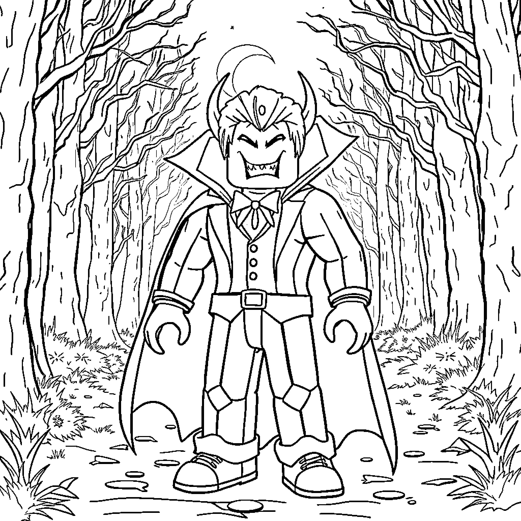 Vampire Stands Menacingly in Spooky Forest Coloring Page (free black-and-white line drawing printable PDF for all, from beginners to advanced learners, including children, teens, adults, and seniors)