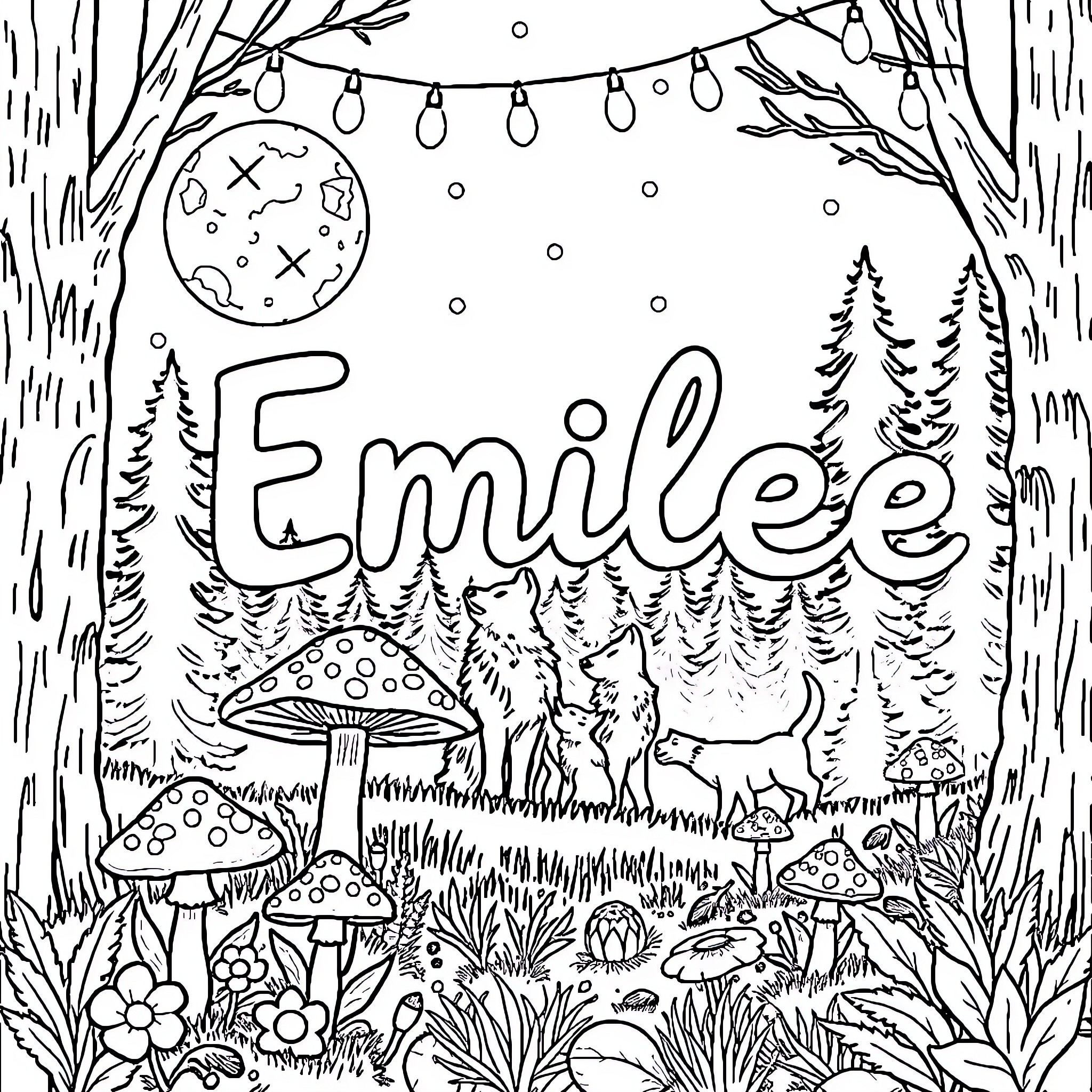 Mushroom-themed whimsical forest scene with name Coloring Page (free black-and-white line drawing printable PDF for all, from beginners to advanced learners, including children, teens, adults, and seniors)