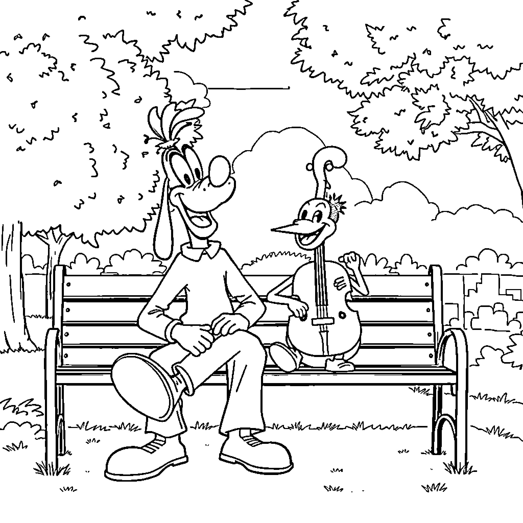 Goofy characters sitting on a park bench Coloring Page (free black-and-white line drawing printable PDF for all, from beginners to advanced learners, including children, teens, adults, and seniors)