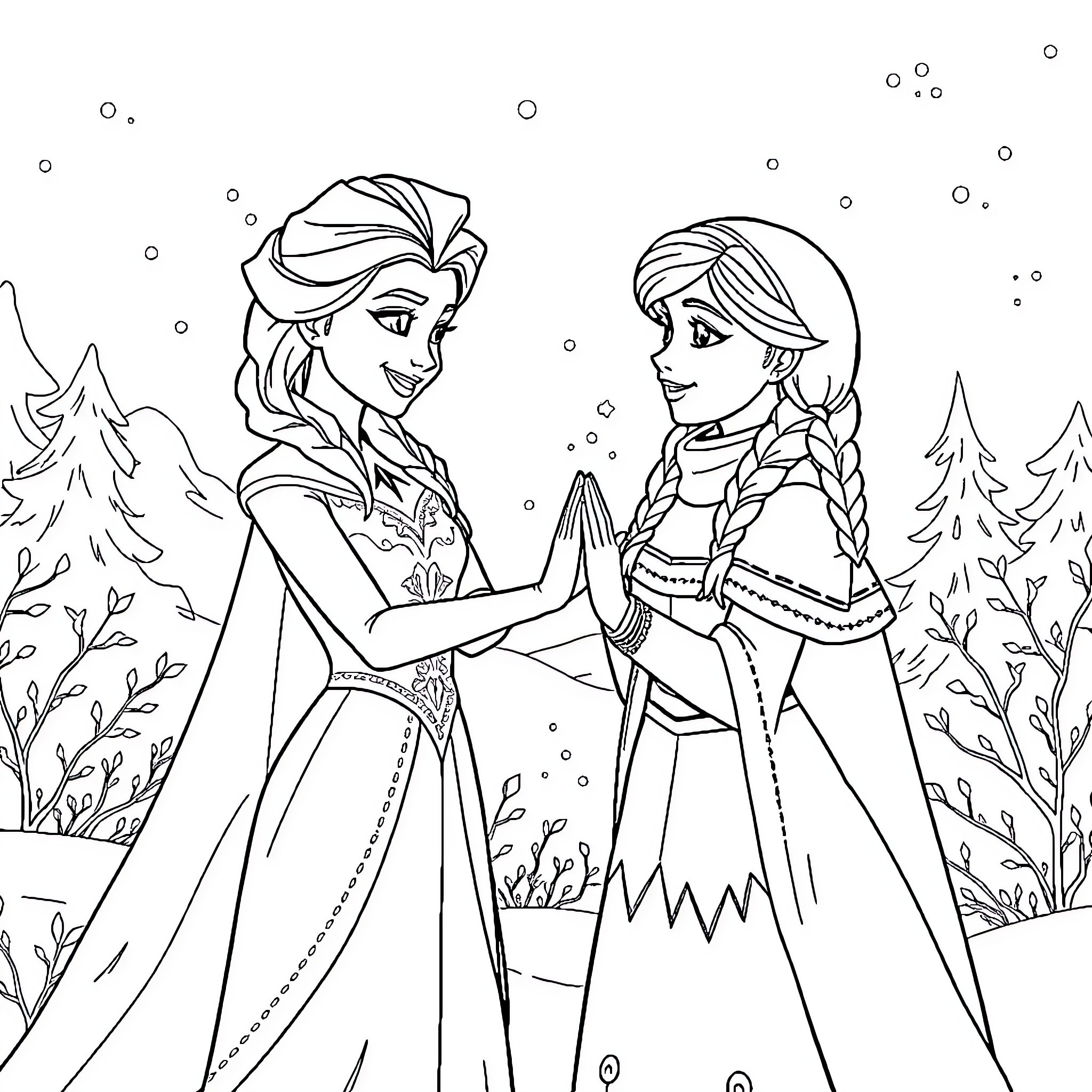 Elsa and Anna in a Winter Wonderland Coloring Page (free black-and-white line drawing printable PDF for all, from beginners to advanced learners, including children, teens, adults, and seniors)