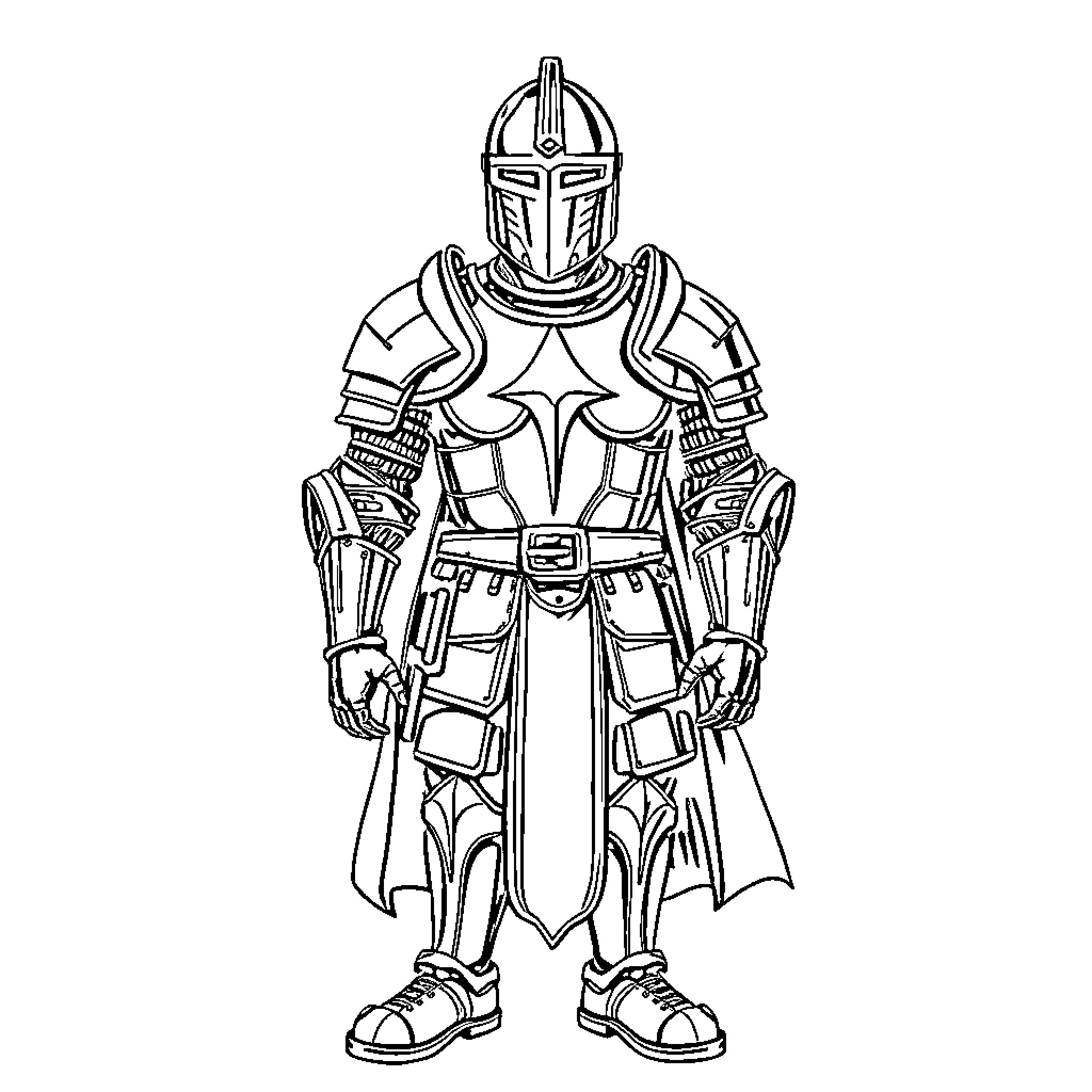 Armor-clad Knight in Heroic Stance Coloring Page (free black-and-white line drawing printable PDF for all, from beginners to advanced learners, including children, teens, adults, and seniors)