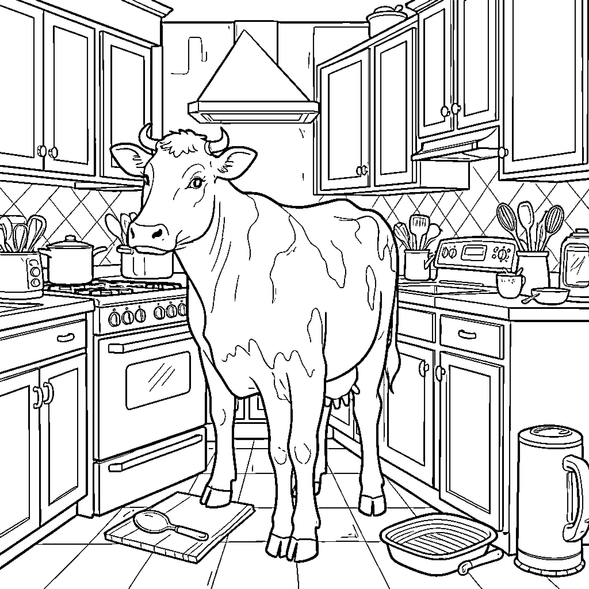 Cow standing in a modern kitchen Coloring Page (free black-and-white line drawing printable PDF for all, from beginners to advanced learners, including children, teens, adults, and seniors)