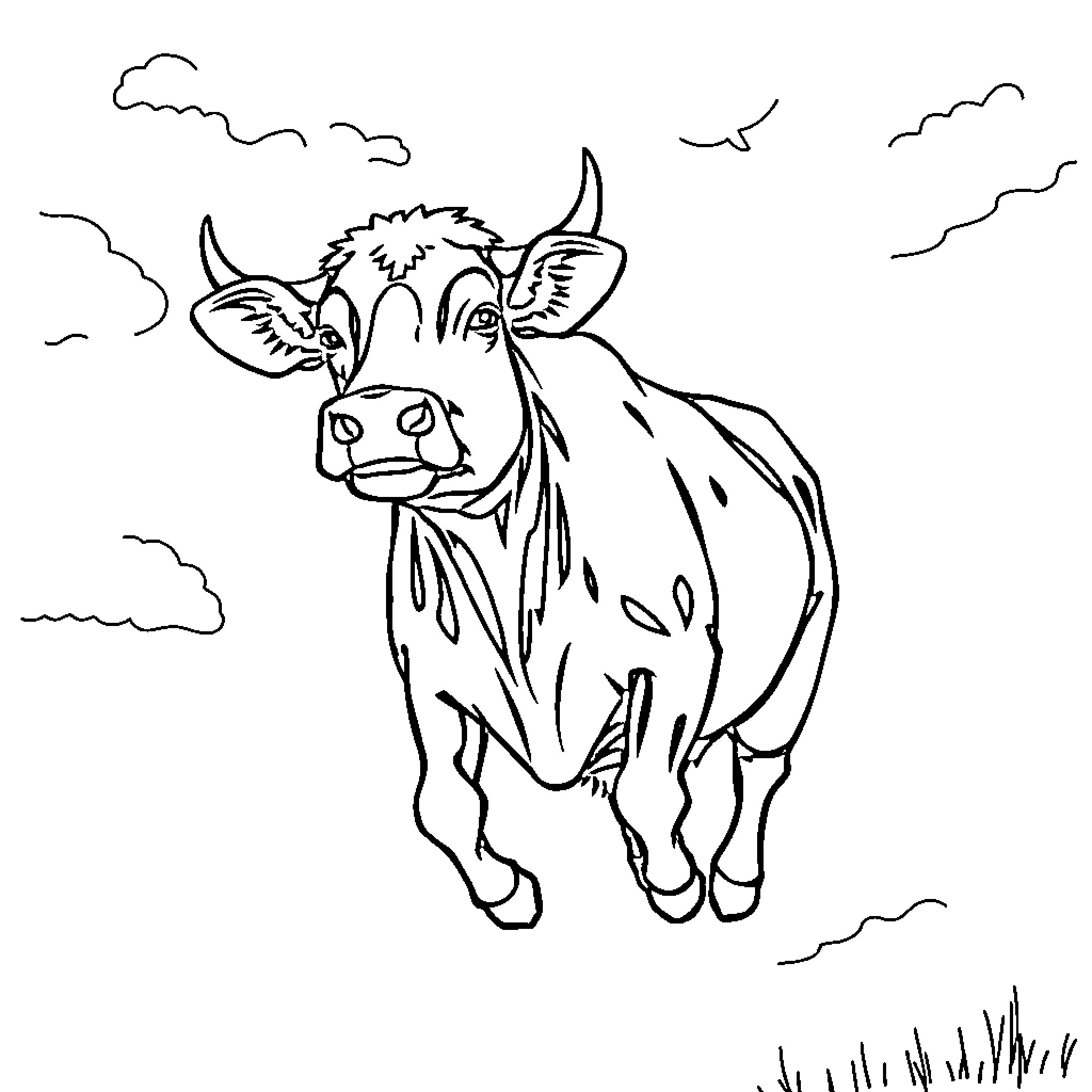 Vache standing amid the clouds Coloring Page (free black-and-white line drawing printable PDF for all, from beginners to advanced learners, including children, teens, adults, and seniors)