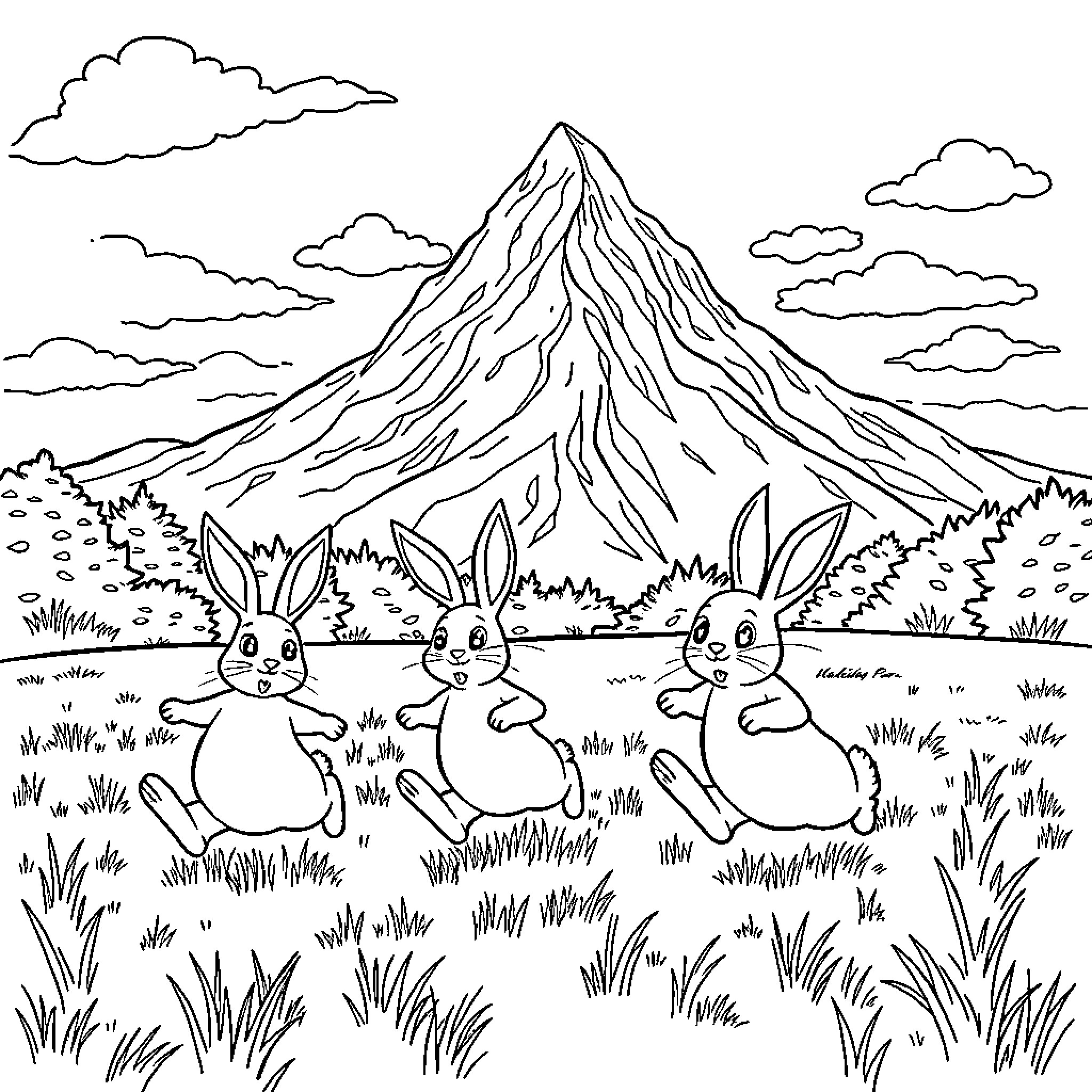 Bunny friends enjoying nature in the countryside Coloring Page (free black-and-white line drawing printable PDF for all, from beginners to advanced learners, including children, teens, adults, and seniors)