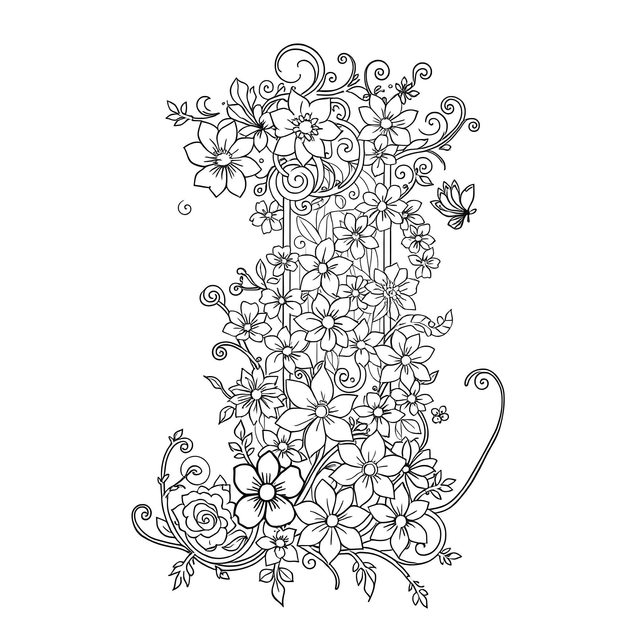 Letter J Formed by Floral Designs and Patterns Coloring Page (free black-and-white line drawing printable PDF for all, from beginners to advanced learners, including children, teens, adults, and seniors)