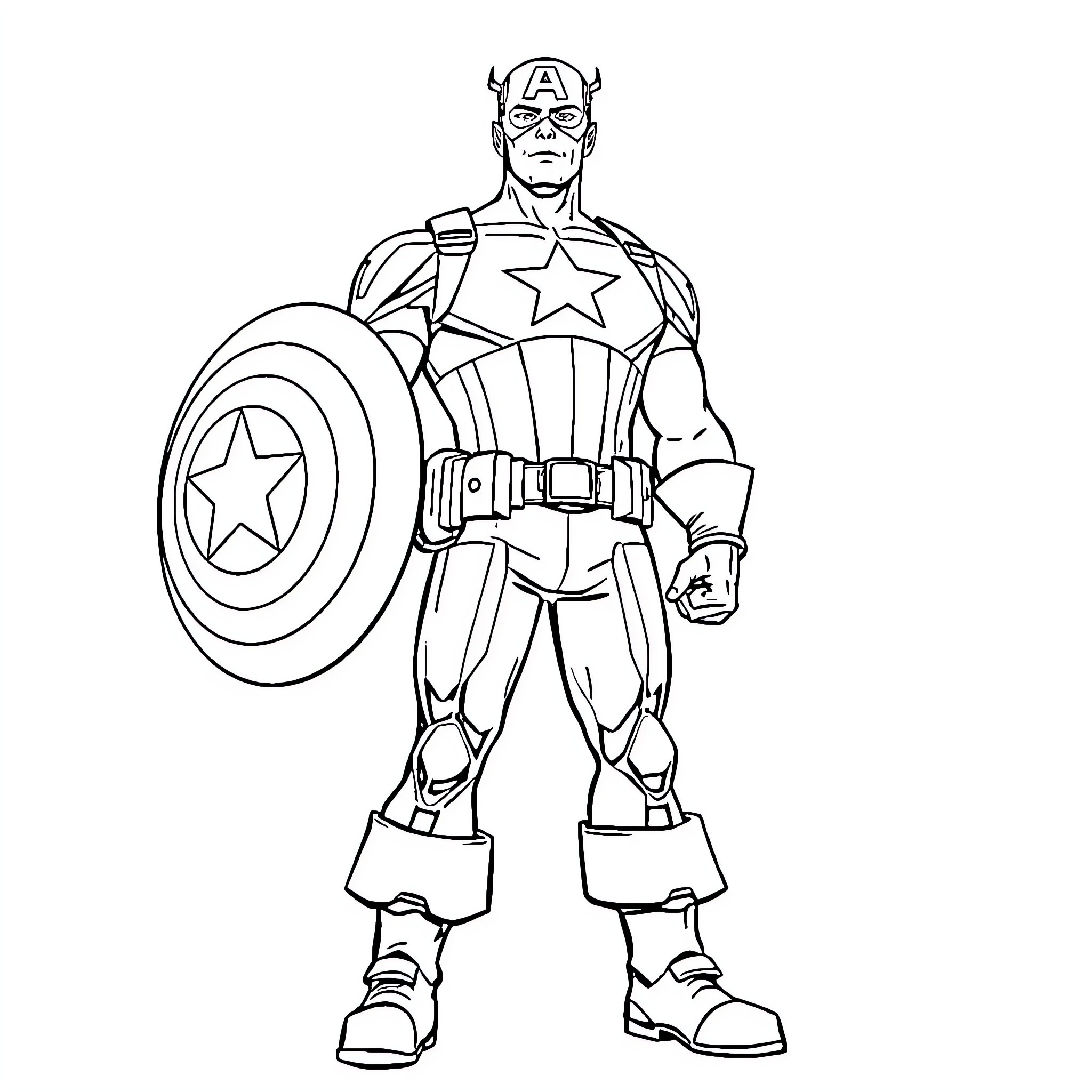 Captain America standing heroically with shield Coloring Page (free black-and-white line drawing printable PDF for all, from beginners to advanced learners, including children, teens, adults, and seniors)