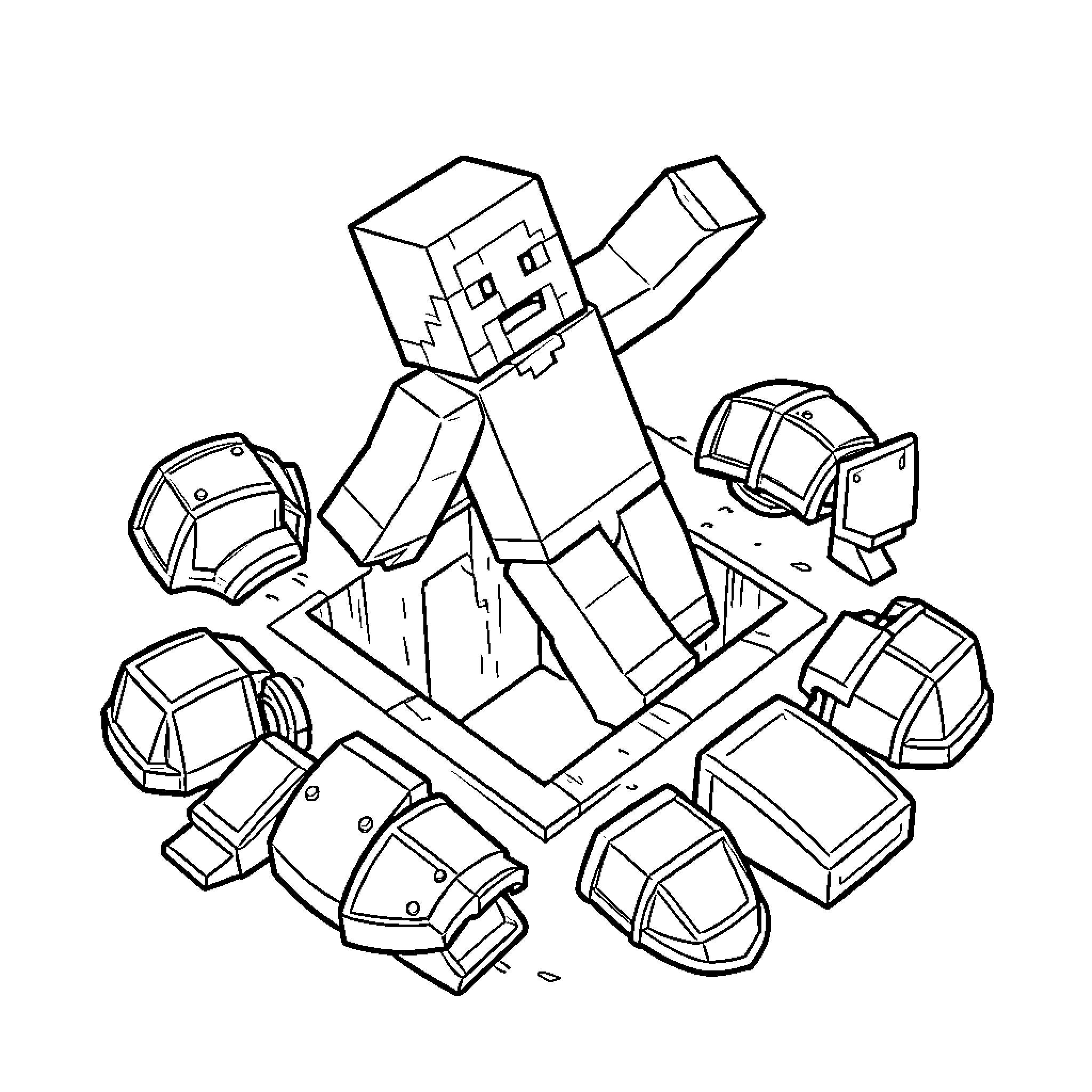 Minecraft Steve exploring blocky world Coloring Page (free black-and-white line drawing printable PDF for all, from beginners to advanced learners, including children, teens, adults, and seniors)