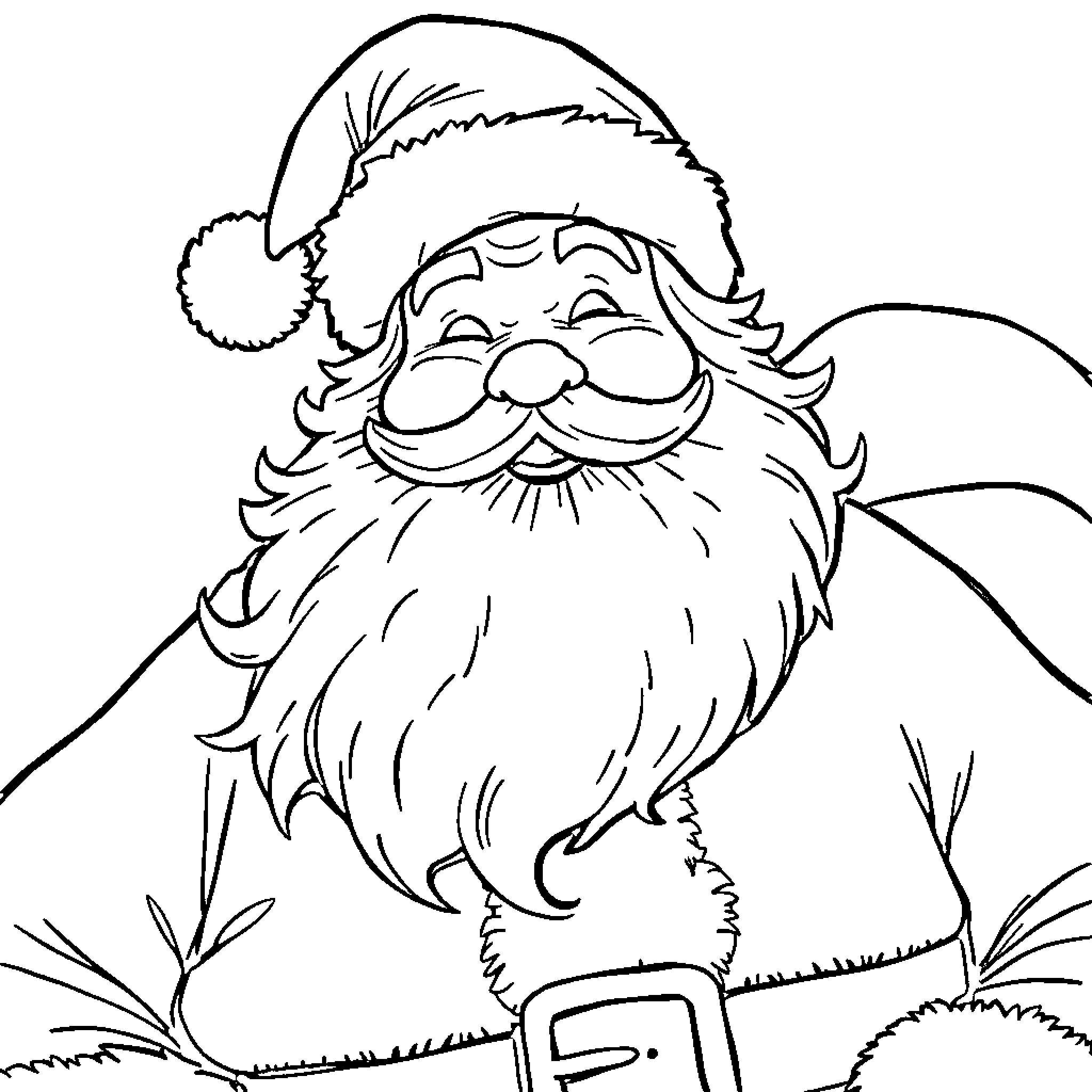 Santa in joyful expression with snowy scenery Coloring Page (free black-and-white line drawing printable PDF for all, from beginners to advanced learners, including children, teens, adults, and seniors)