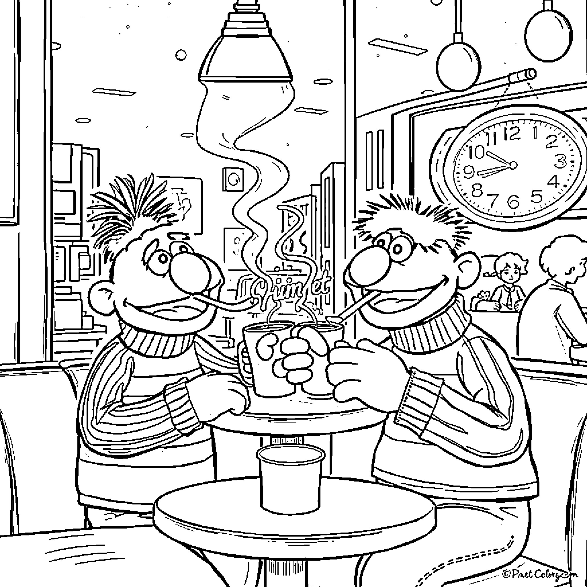Bert and Ernie having a lively conversation in a cafe Coloring Page (free black-and-white line drawing printable PDF for all, from beginners to advanced learners, including children, teens, adults, and seniors)