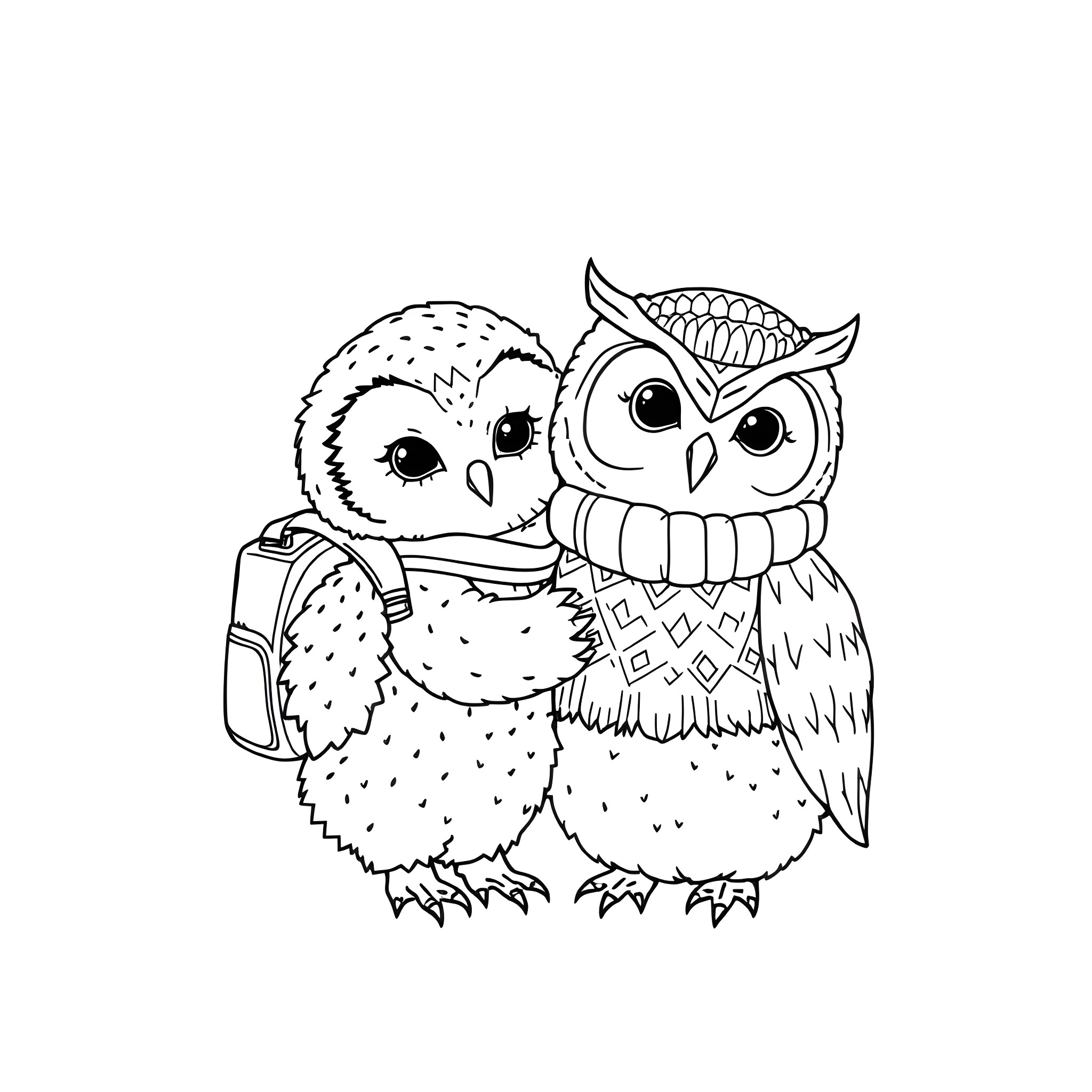 Owls Sharing a Backpack Coloring Page (free black-and-white line drawing printable PDF for all, from beginners to advanced learners, including children, teens, adults, and seniors)