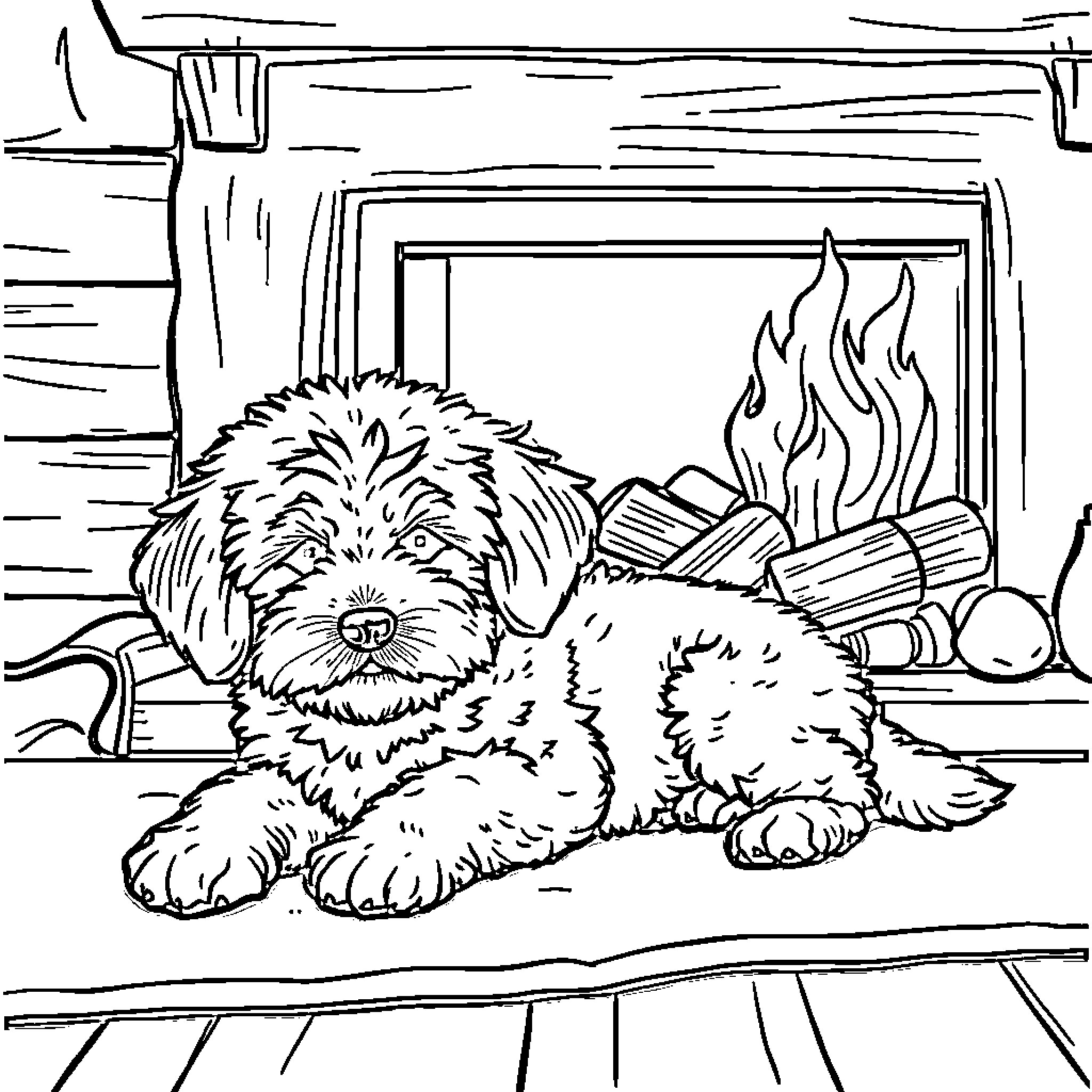 Maltipoo puppy relaxing by the fireplace Coloring Page (free black-and-white line drawing printable PDF for all, from beginners to advanced learners, including children, teens, adults, and seniors)