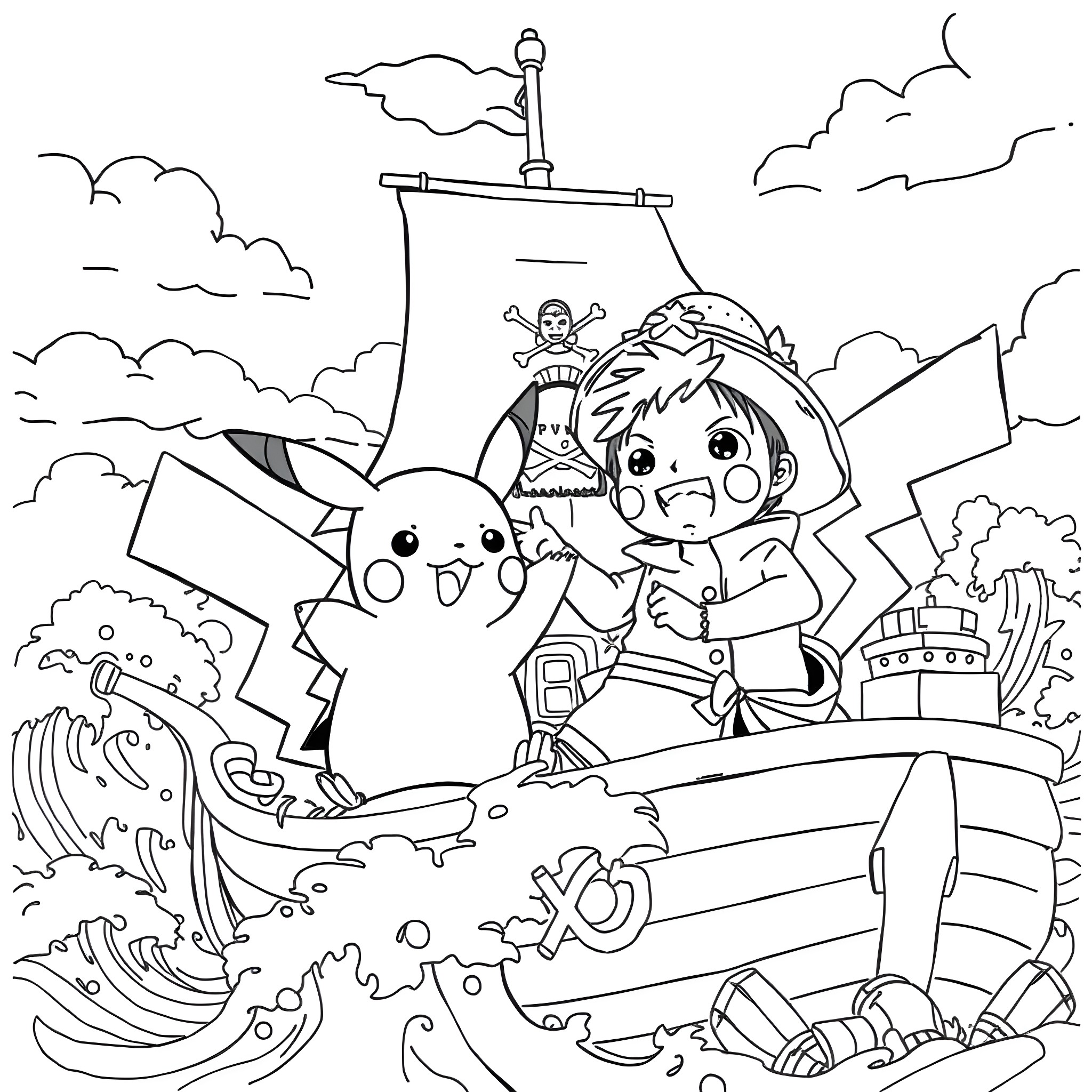 Pikachu and a young adventurer explore a fantasy world Coloring Page (free black-and-white line drawing printable PDF for all, from beginners to advanced learners, including children, teens, adults, and seniors)