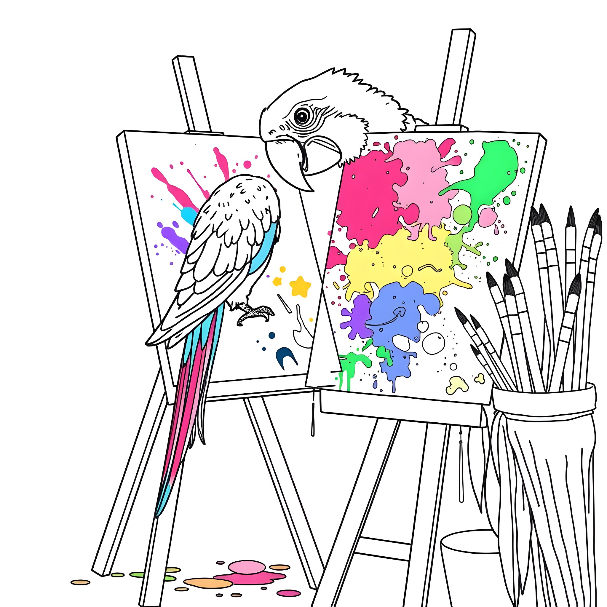 Parrot painting colorful artwork on canvas Coloring Page (free black-and-white line drawing printable PDF for all, from beginners to advanced learners, including children, teens, adults, and seniors)