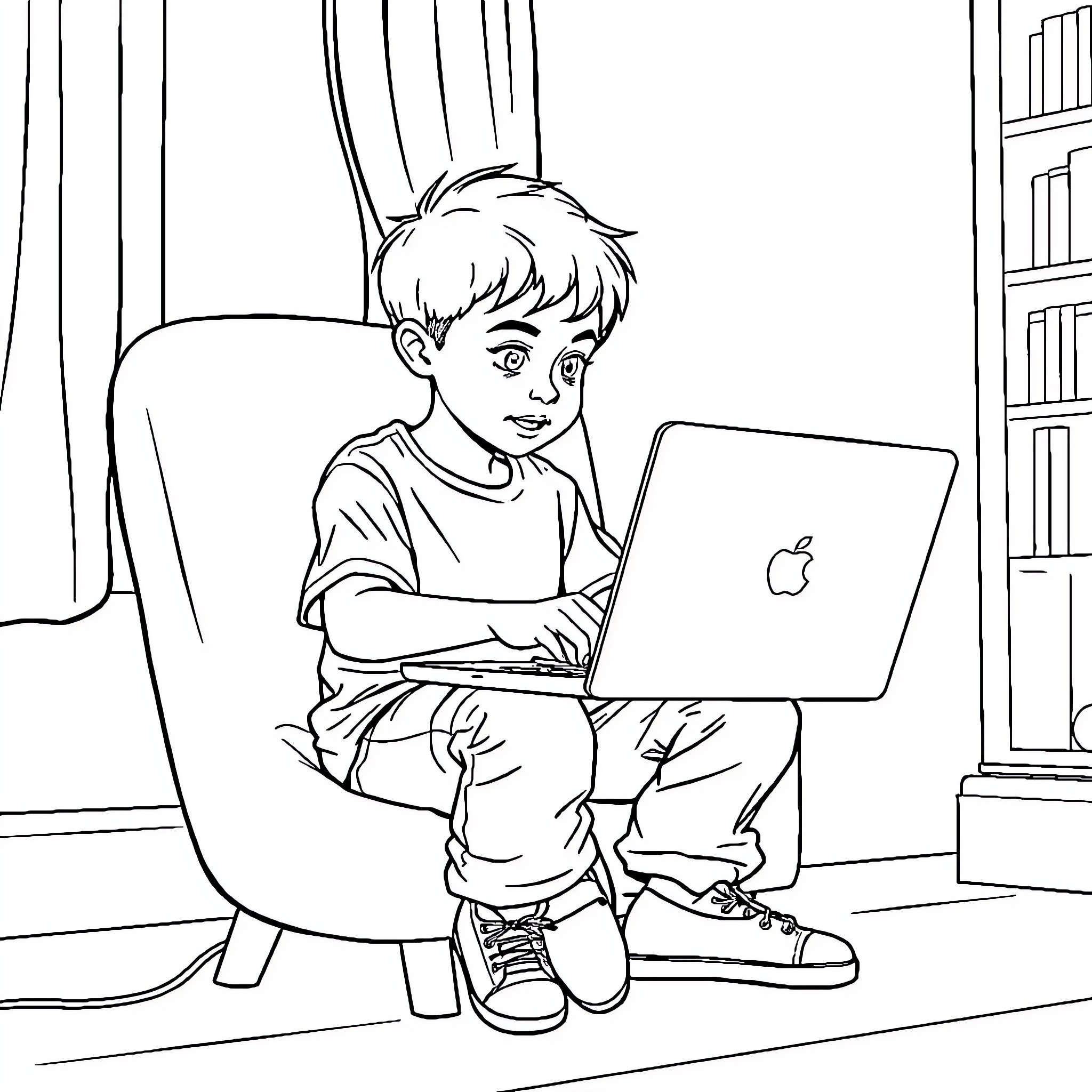 Boy intently using laptop in home library Coloring Page (free black-and-white line drawing printable PDF for all, from beginners to advanced learners, including children, teens, adults, and seniors)