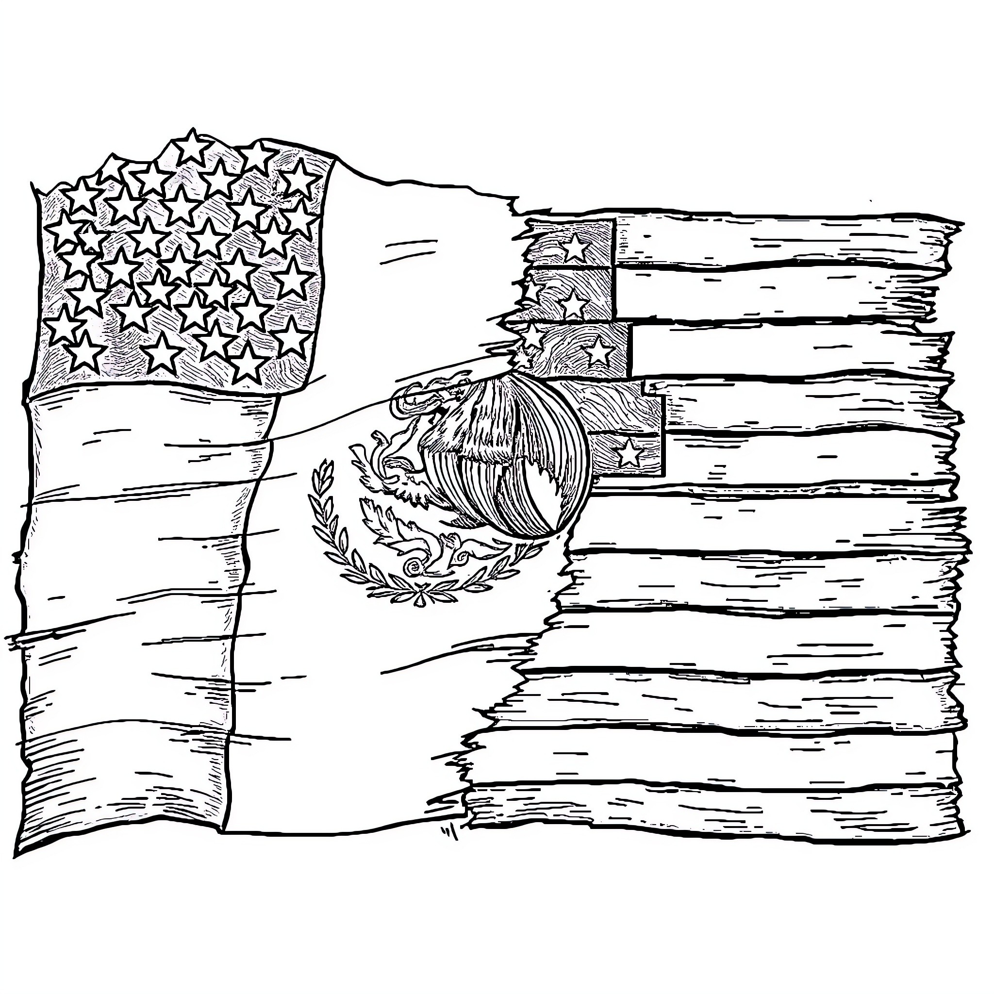 Flag bearing patriotic symbols and emblems Coloring Page (free black-and-white line drawing printable PDF for all, from beginners to advanced learners, including children, teens, adults, and seniors)