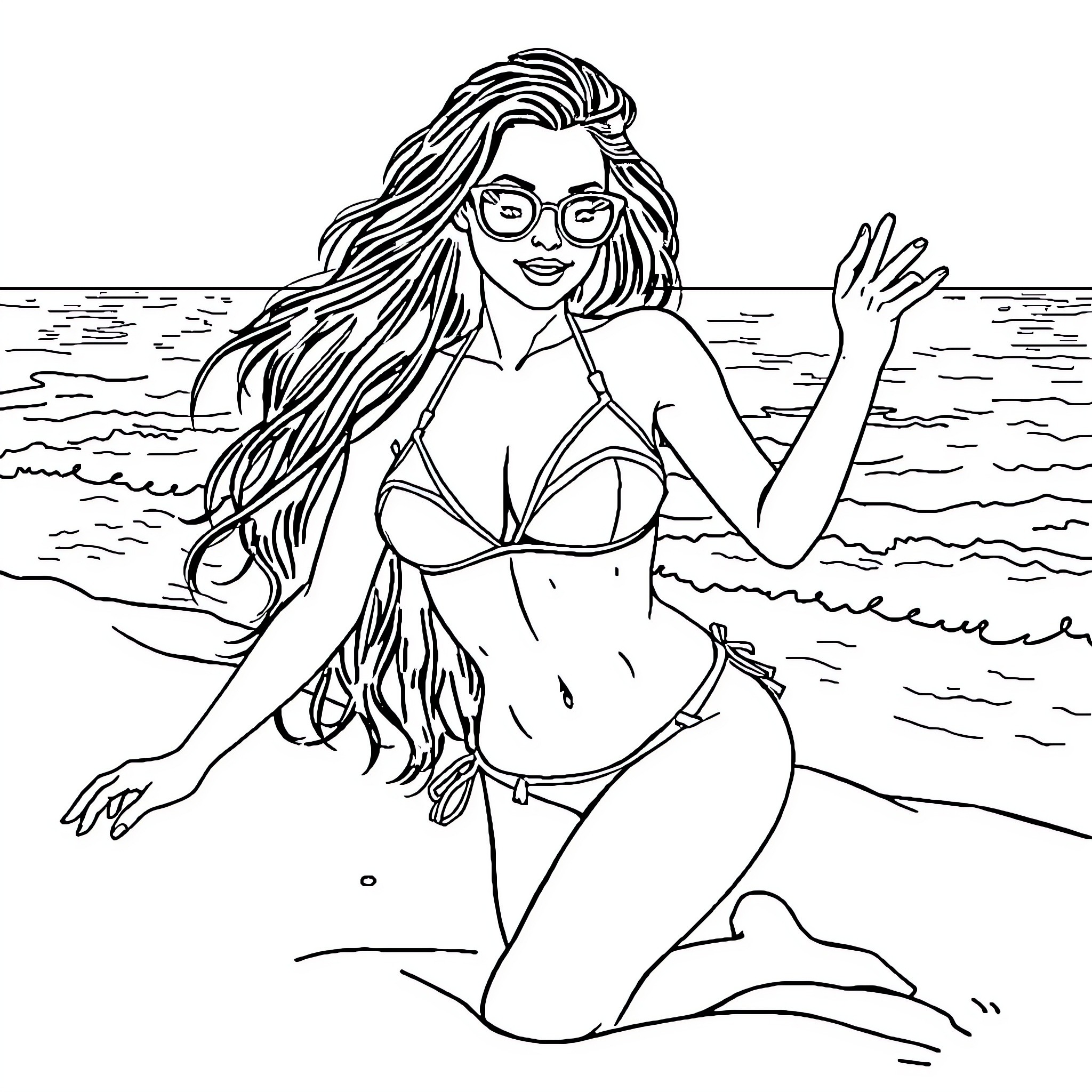 Bikini Model Enjoying the Beach Coloring Page (free black-and-white line drawing printable PDF for all, from beginners to advanced learners, including children, teens, adults, and seniors)