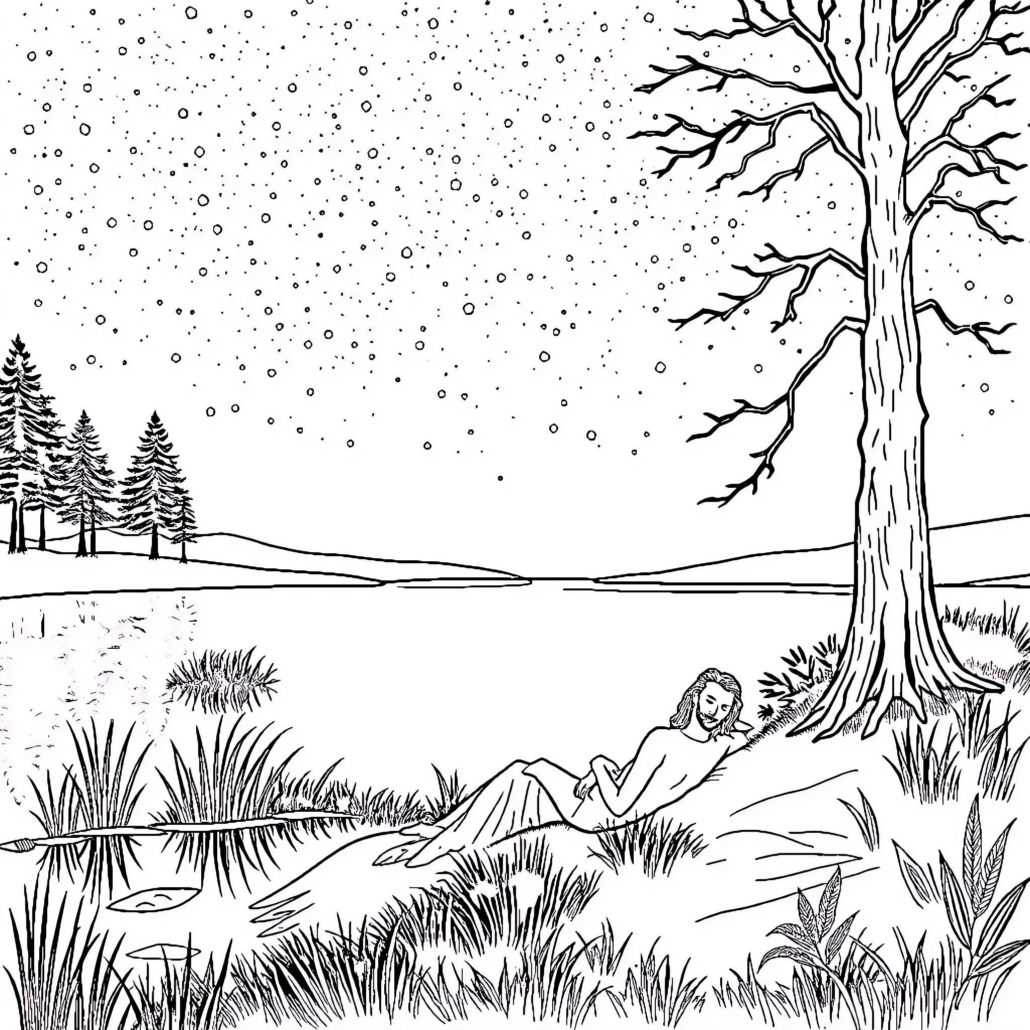 Man and Woman resting in a snowy winter landscape Coloring Page (free black-and-white line drawing printable PDF for all, from beginners to advanced learners, including children, teens, adults, and seniors)