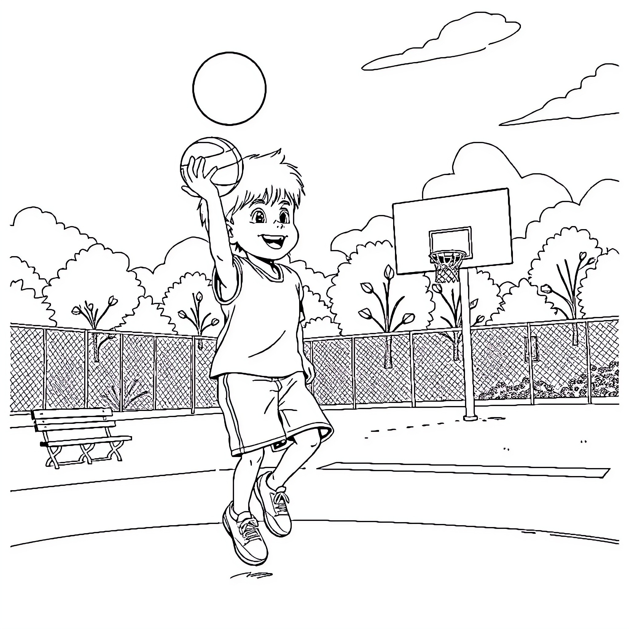 Boy playing basketball on the court Coloring Page (free black-and-white line drawing printable PDF for all, from beginners to advanced learners, including children, teens, adults, and seniors)
