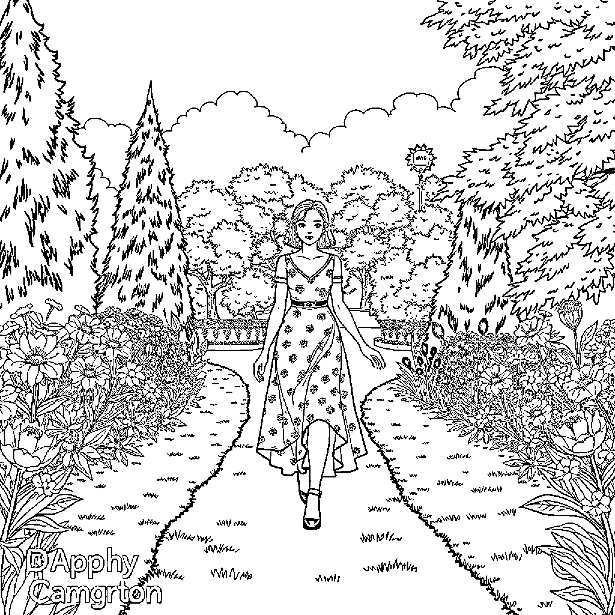 Daphne's Enchanting Forest Stroll Coloring Page (free black-and-white line drawing printable PDF for all, from beginners to advanced learners, including children, teens, adults, and seniors)